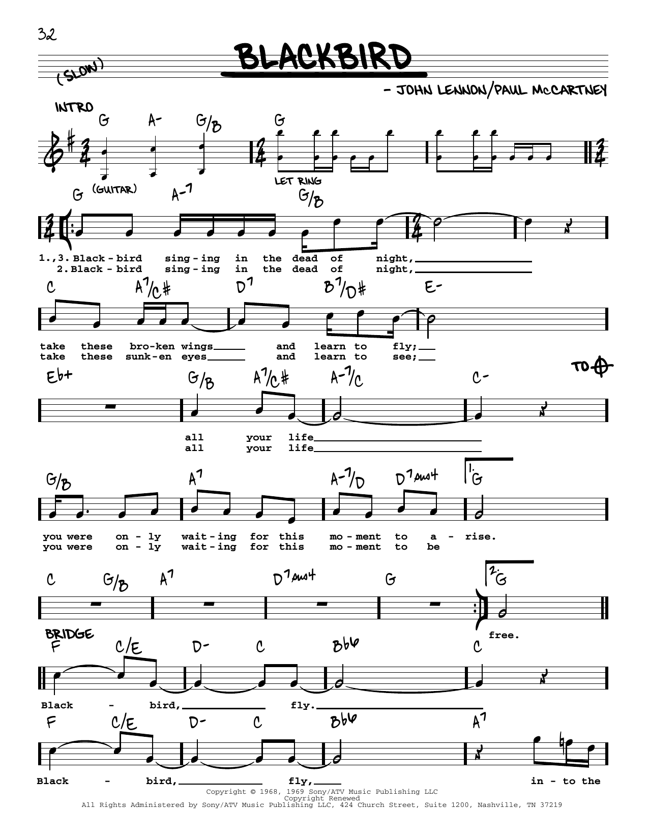 The Beatles Blackbird [Jazz version] sheet music notes and chords arranged for Real Book – Melody, Lyrics & Chords