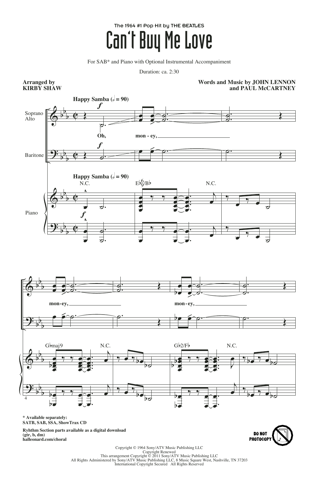 The Beatles Can't Buy Me Love (arr. Kirby Shaw) sheet music notes and chords arranged for SATB Choir
