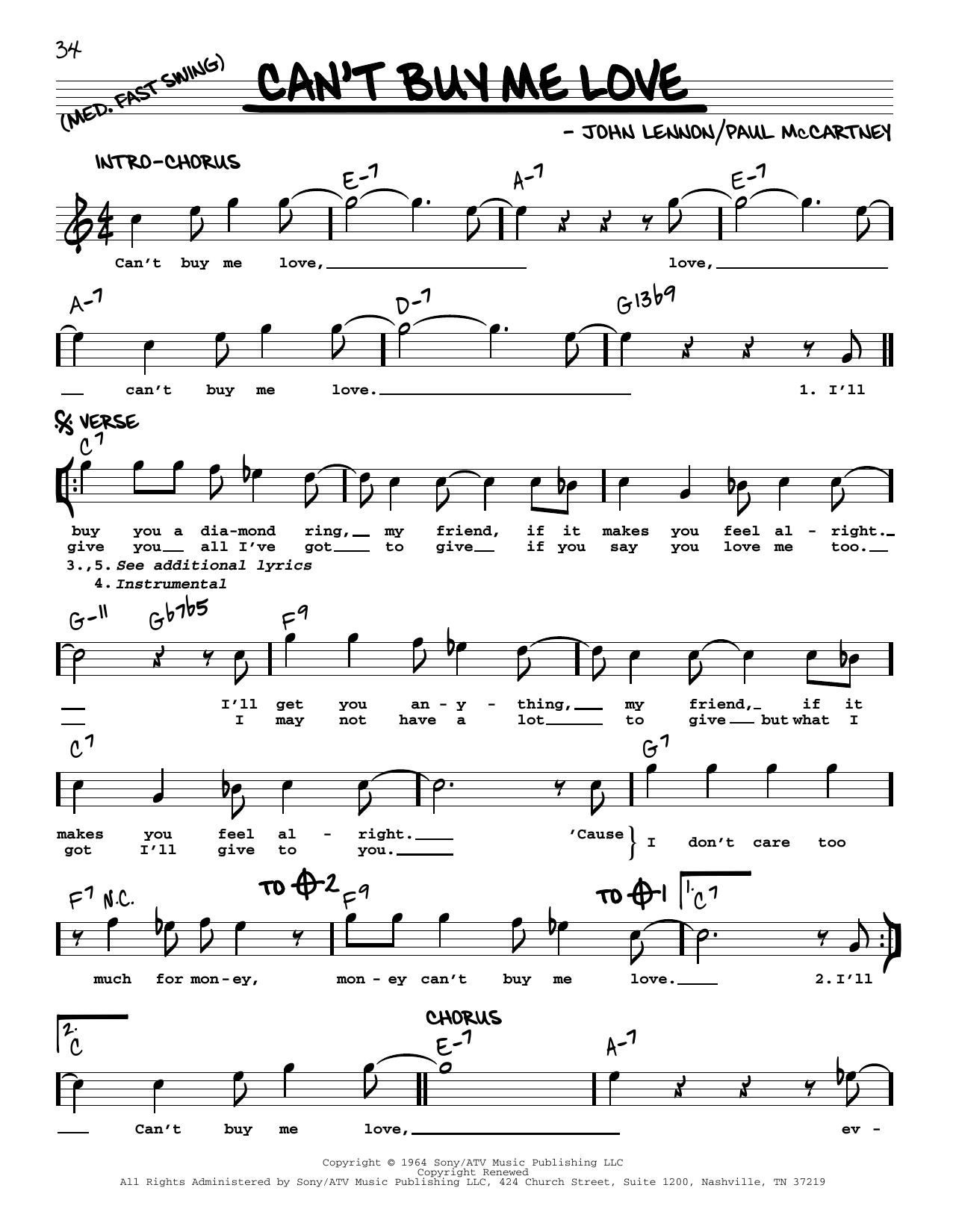 The Beatles Can't Buy Me Love [Jazz version] sheet music notes and chords arranged for Real Book – Melody, Lyrics & Chords