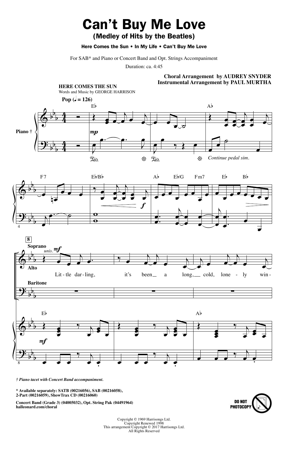 The Beatles Can't Buy Me Love (Medley of Hits by The Beatles) (arr. Audrey Snyder) sheet music notes and chords arranged for SAB Choir