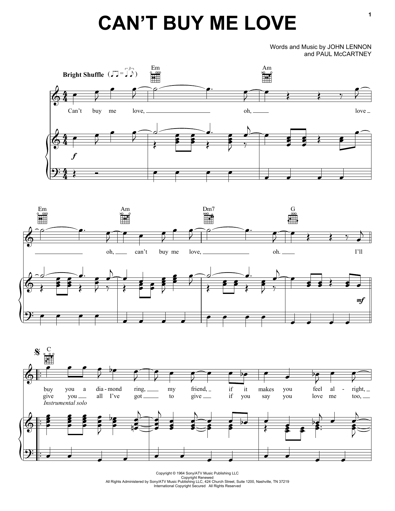 The Beatles Can't Buy Me Love sheet music notes and chords arranged for Flute Solo