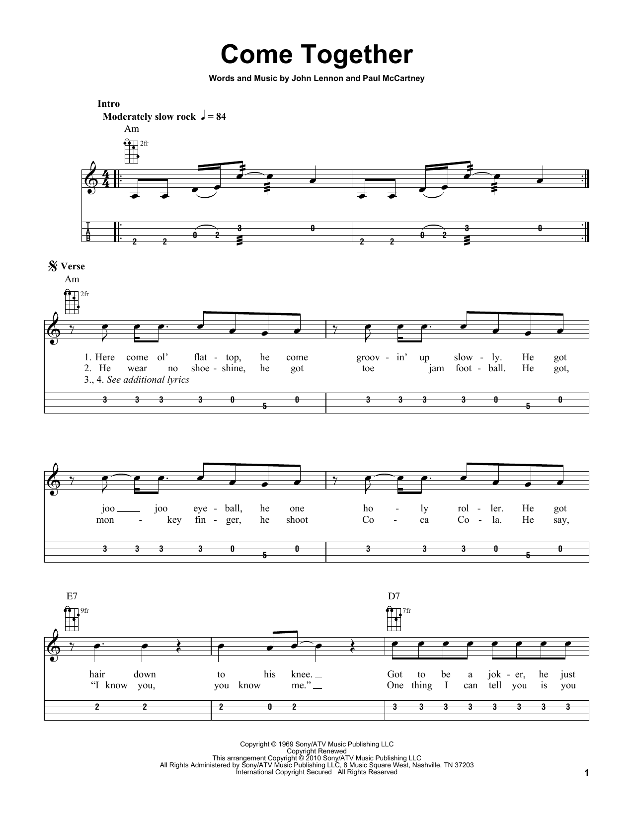 The Beatles Come Together (arr. Bobby Westfall) sheet music notes and chords arranged for Mandolin