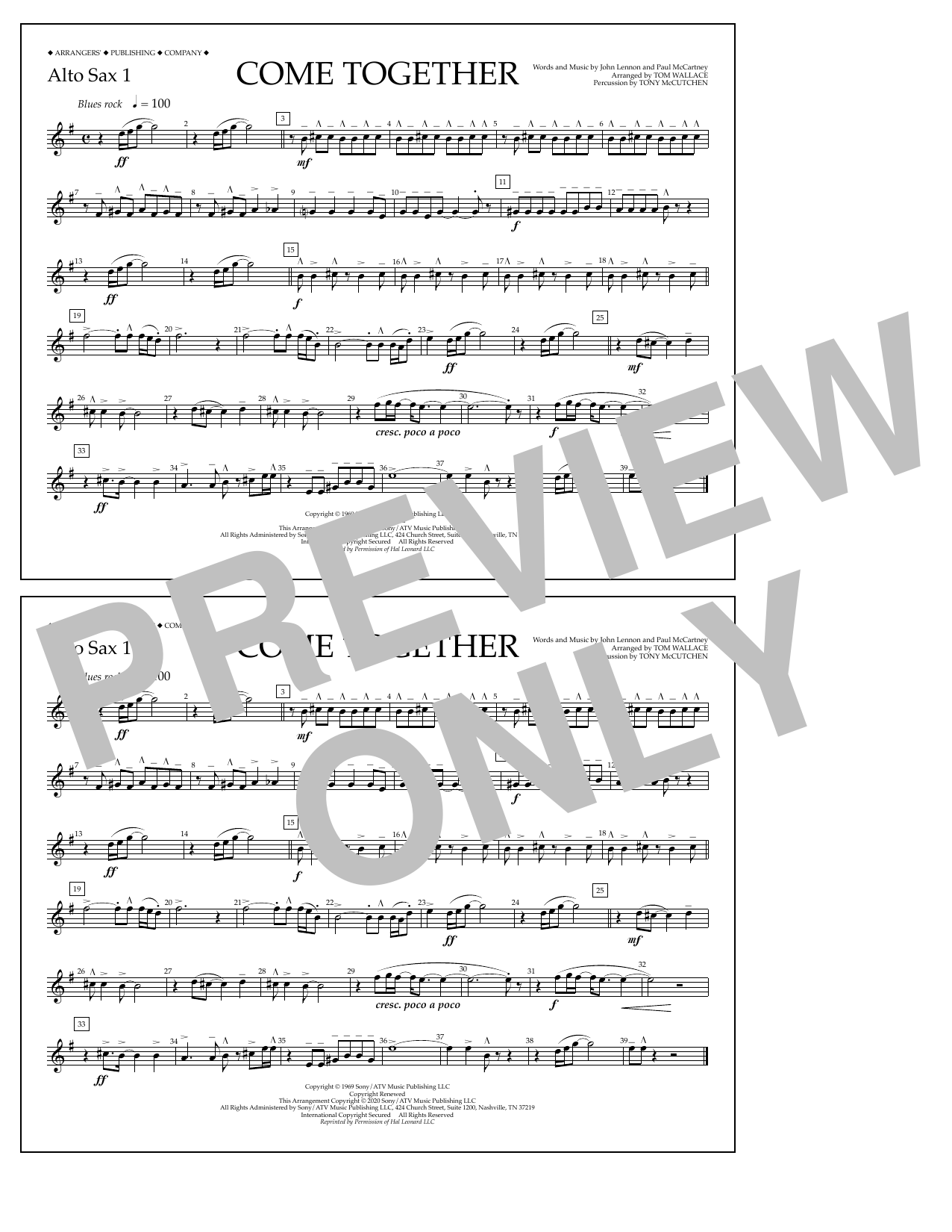 The Beatles Come Together (arr. Tom Wallace) - Alto Sax 1 sheet music notes and chords arranged for Marching Band
