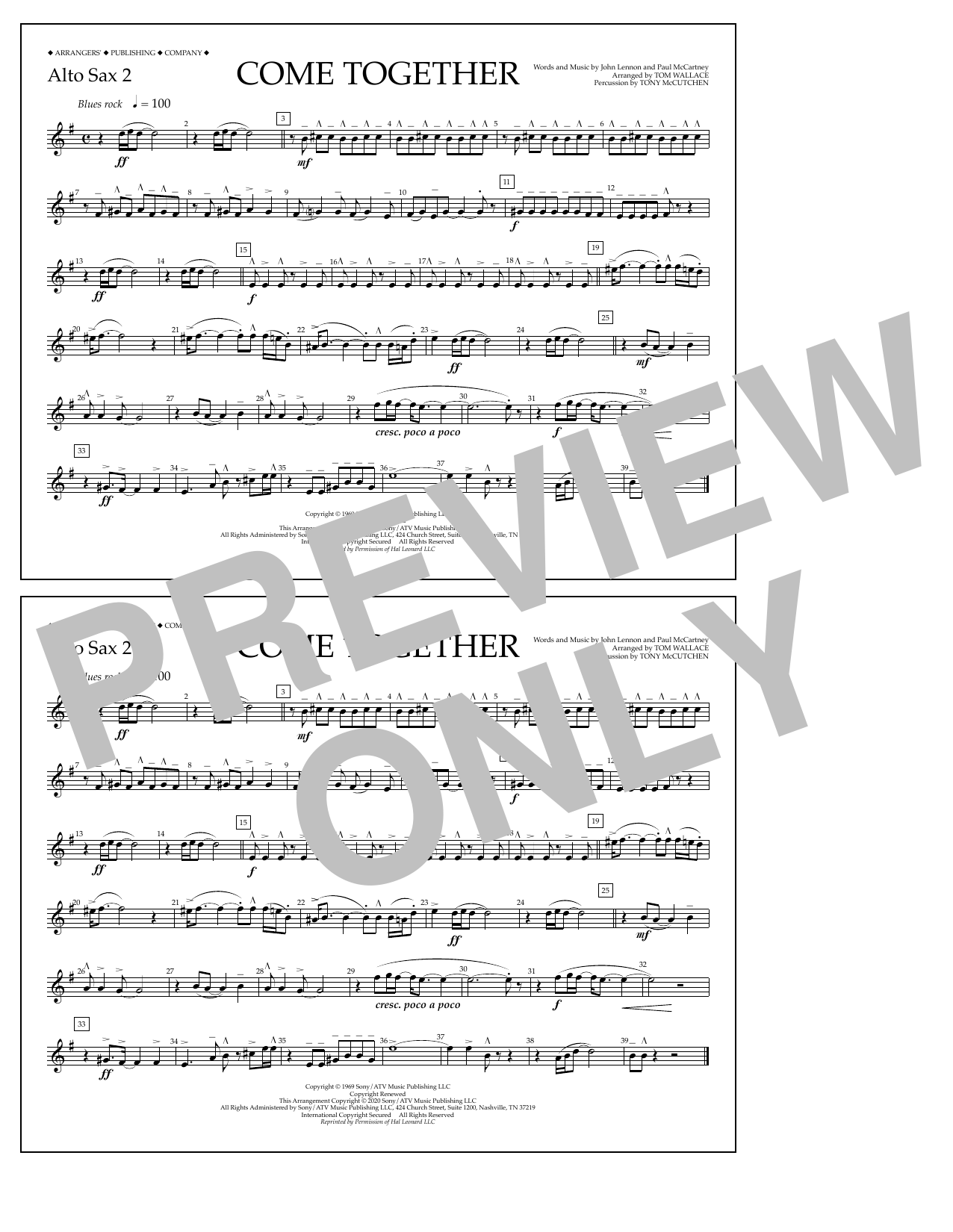 The Beatles Come Together (arr. Tom Wallace) - Alto Sax 2 sheet music notes and chords arranged for Marching Band