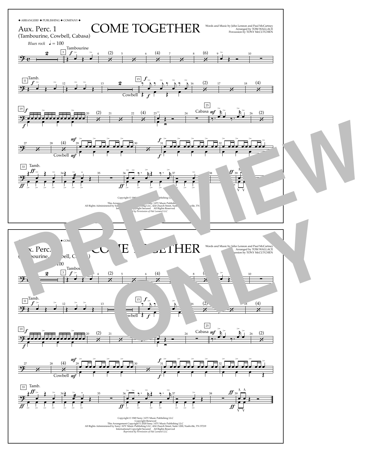 The Beatles Come Together (arr. Tom Wallace) - Aux. Perc. 1 sheet music notes and chords arranged for Marching Band