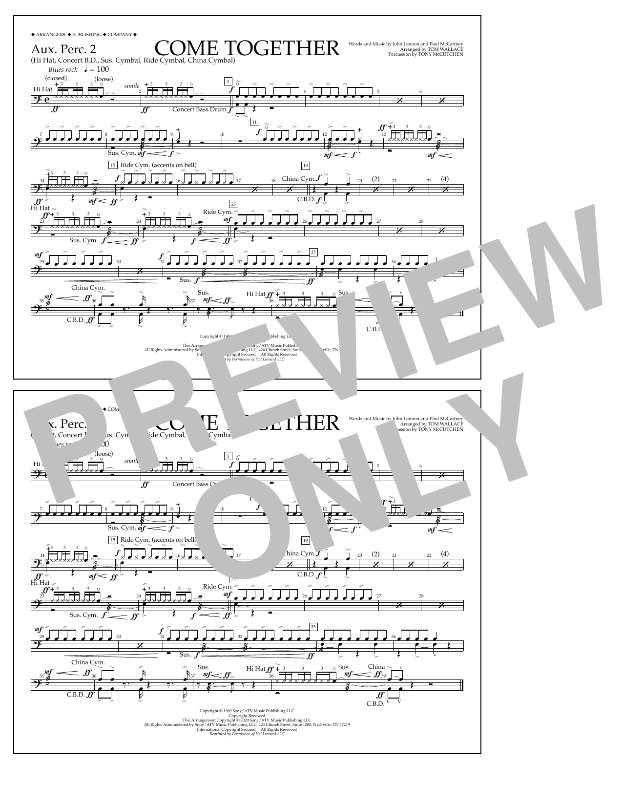 The Beatles Come Together (arr. Tom Wallace) - Aux. Perc. 2 sheet music notes and chords arranged for Marching Band