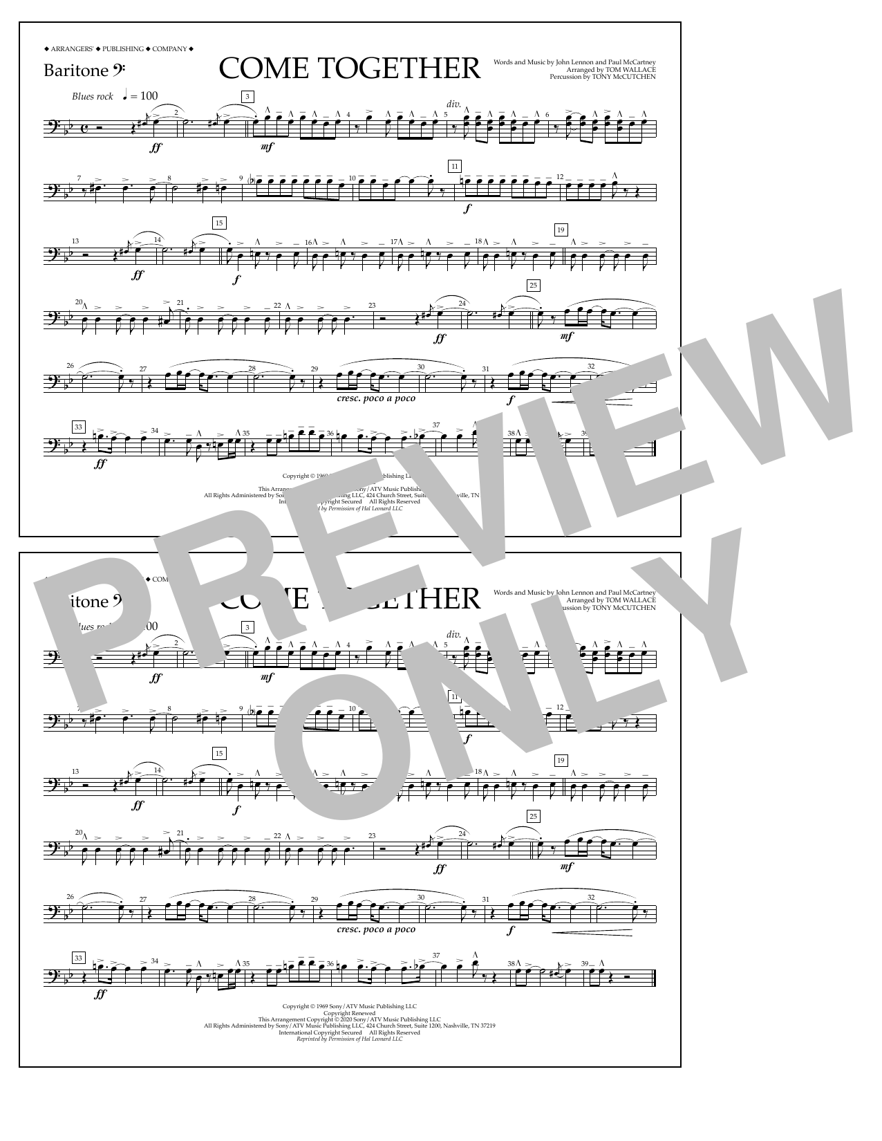 The Beatles Come Together (arr. Tom Wallace) - Baritone B.C. sheet music notes and chords arranged for Marching Band
