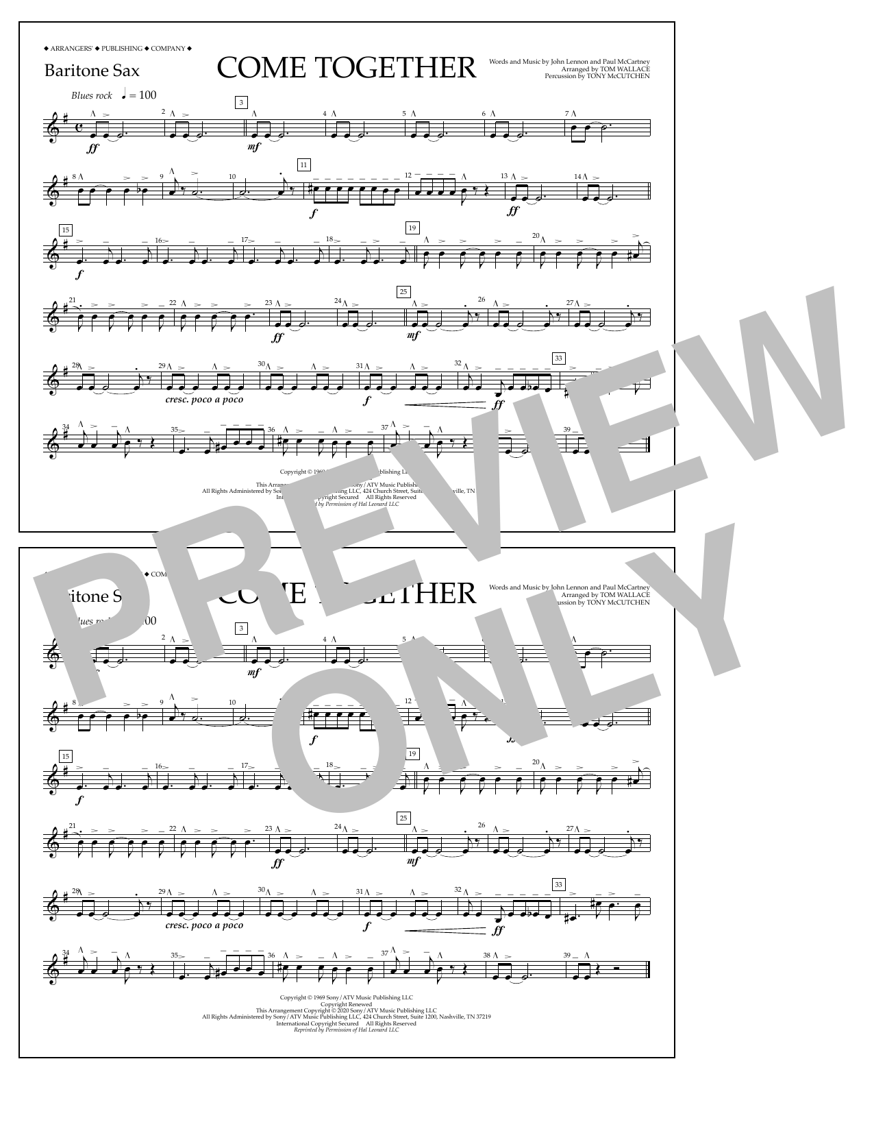The Beatles Come Together (arr. Tom Wallace) - Baritone Sax sheet music notes and chords arranged for Marching Band