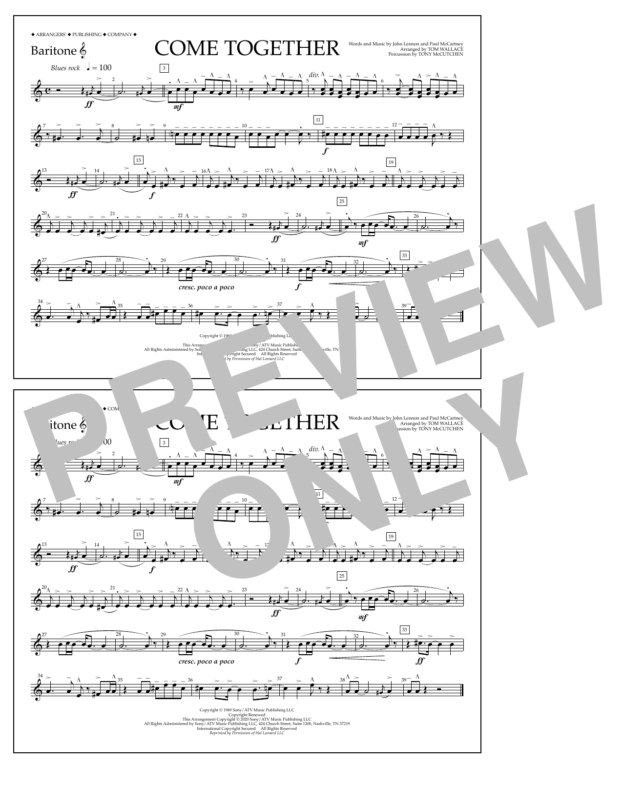 The Beatles Come Together (arr. Tom Wallace) - Baritone T.C. sheet music notes and chords arranged for Marching Band