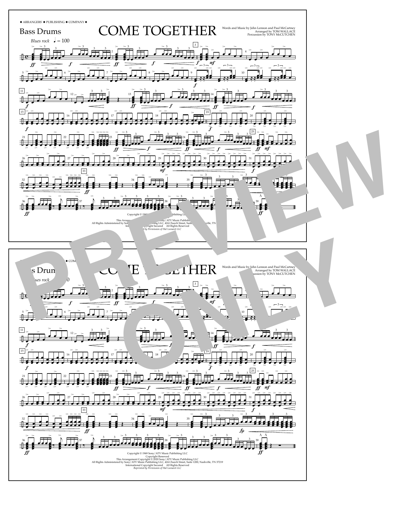 The Beatles Come Together (arr. Tom Wallace) - Bass Drums sheet music notes and chords arranged for Marching Band