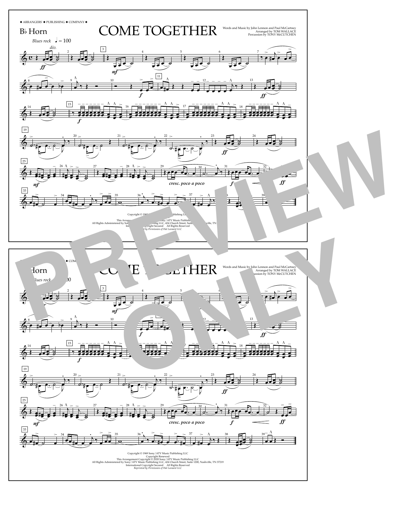 The Beatles Come Together (arr. Tom Wallace) - Bb Horn sheet music notes and chords arranged for Marching Band