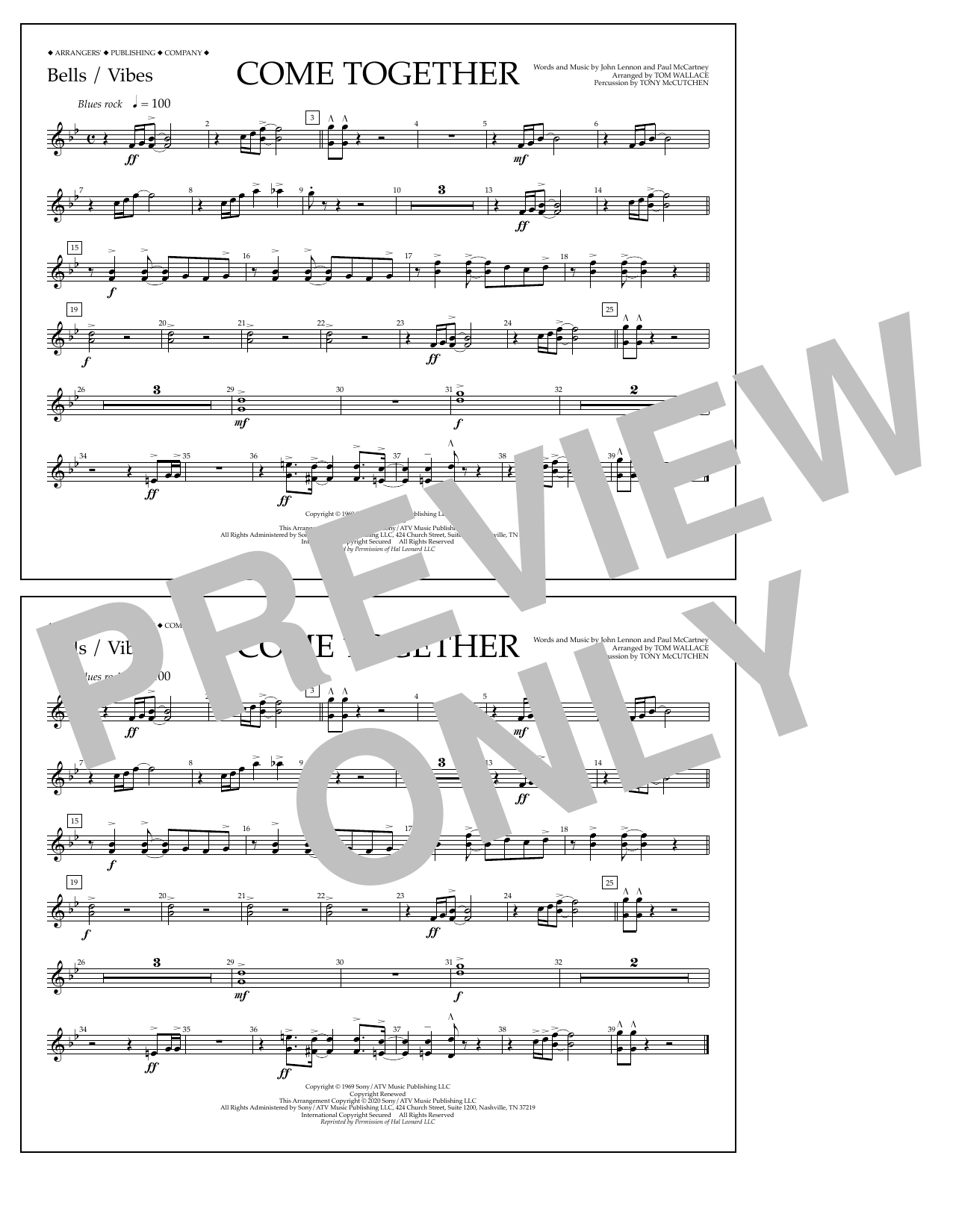 The Beatles Come Together (arr. Tom Wallace) - Bells/Vibes sheet music notes and chords arranged for Marching Band
