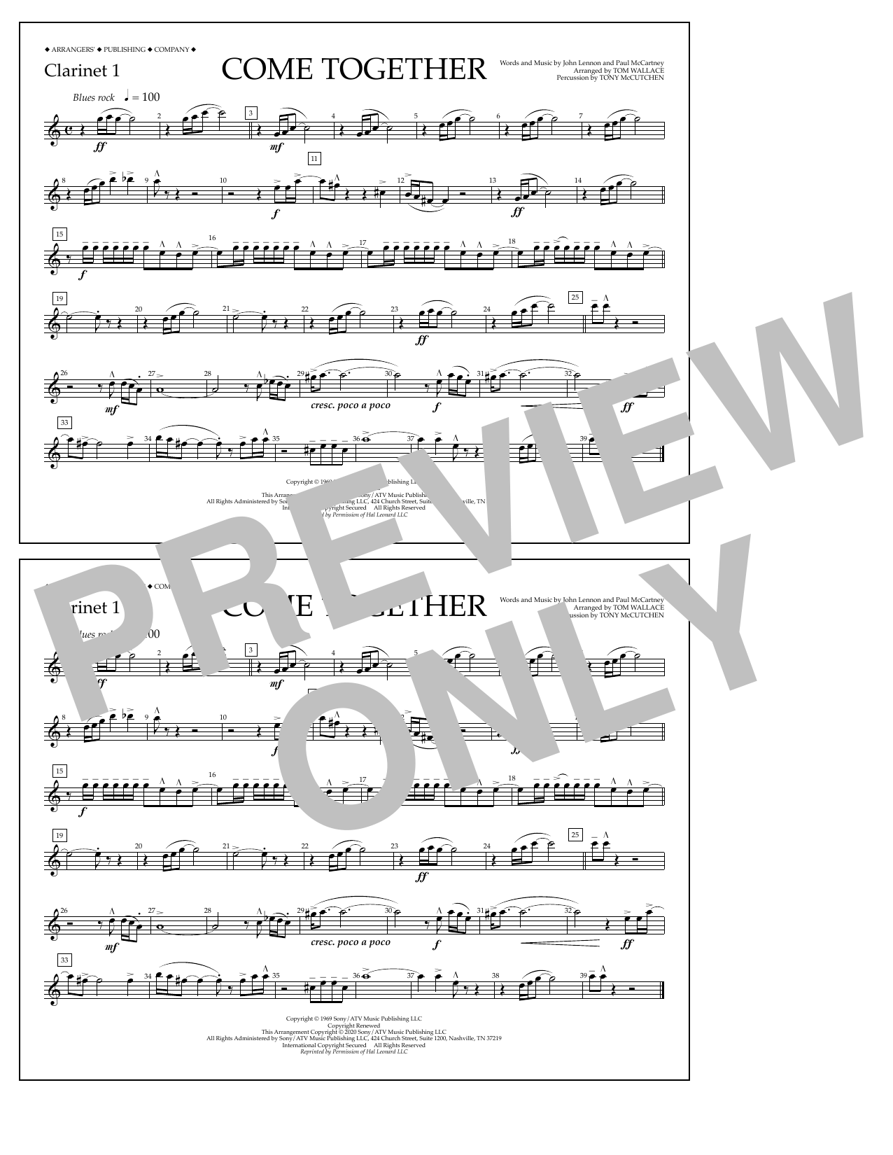 The Beatles Come Together (arr. Tom Wallace) - Clarinet 1 sheet music notes and chords arranged for Marching Band