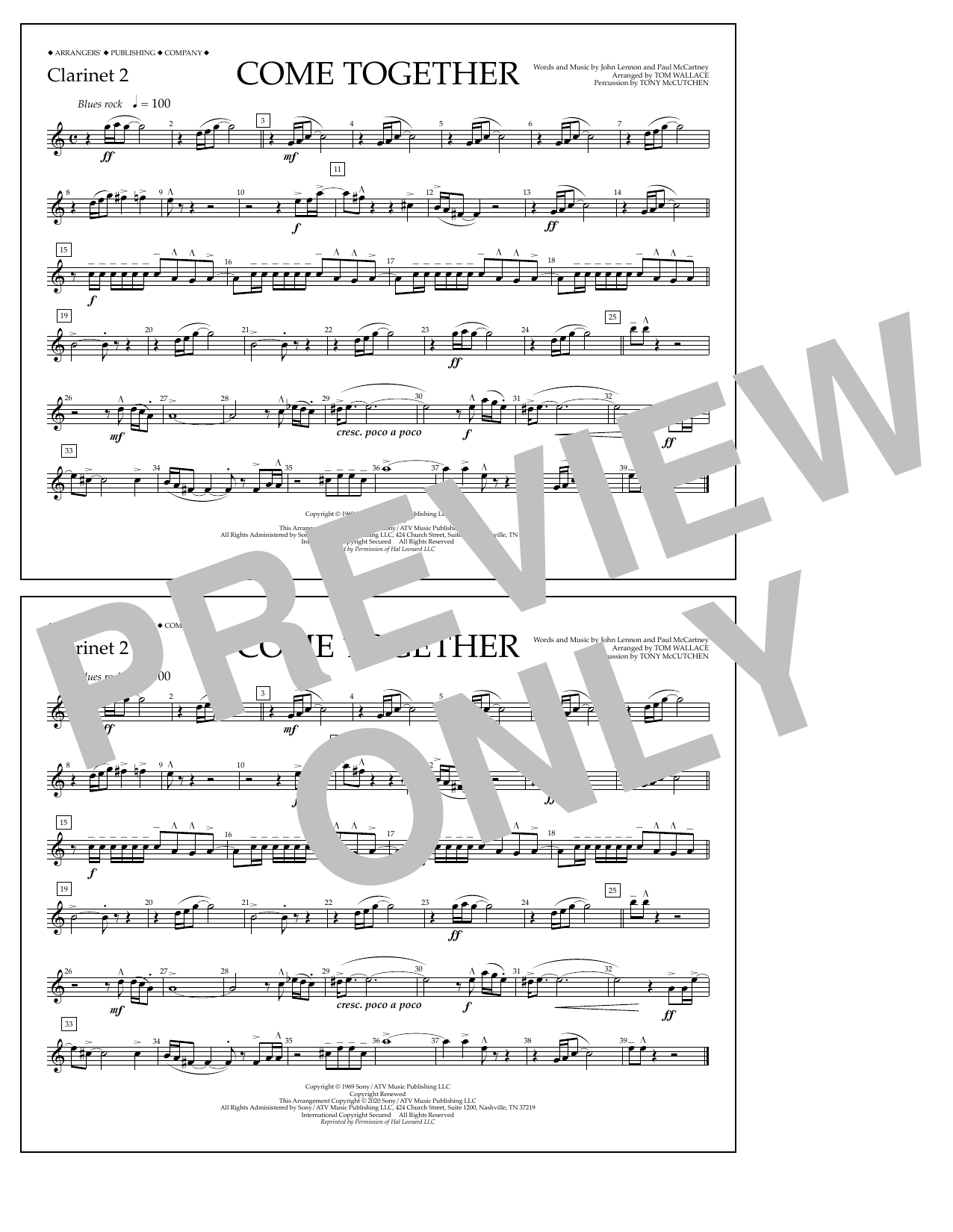 The Beatles Come Together (arr. Tom Wallace) - Clarinet 2 sheet music notes and chords arranged for Marching Band