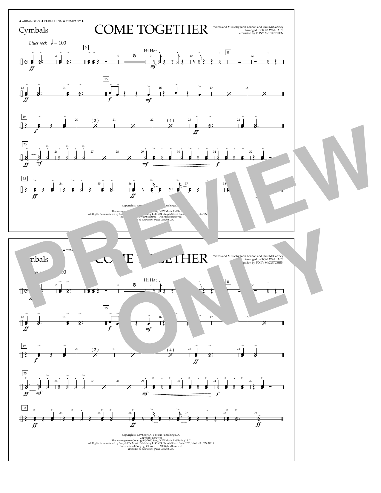 The Beatles Come Together (arr. Tom Wallace) - Cymbals sheet music notes and chords arranged for Marching Band