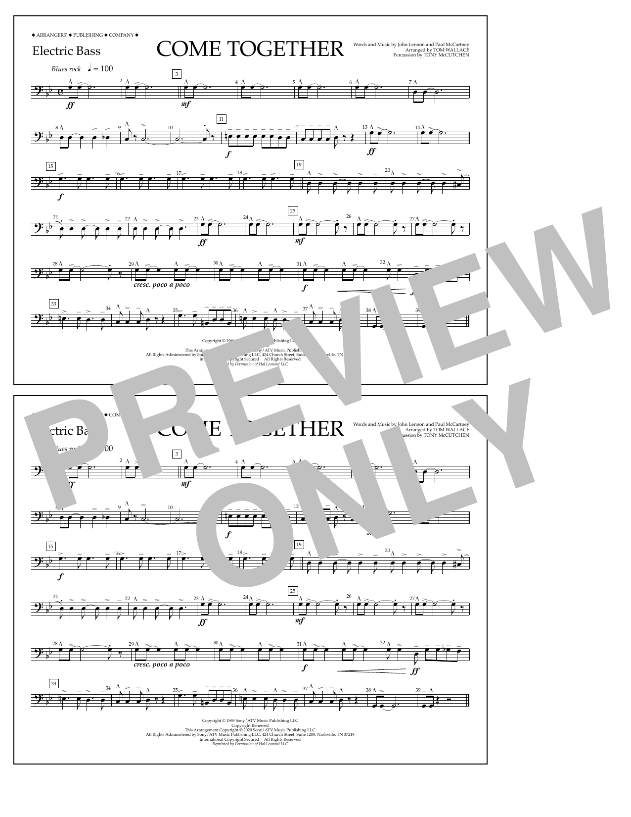 The Beatles Come Together (arr. Tom Wallace) - Electric Bass sheet music notes and chords arranged for Marching Band