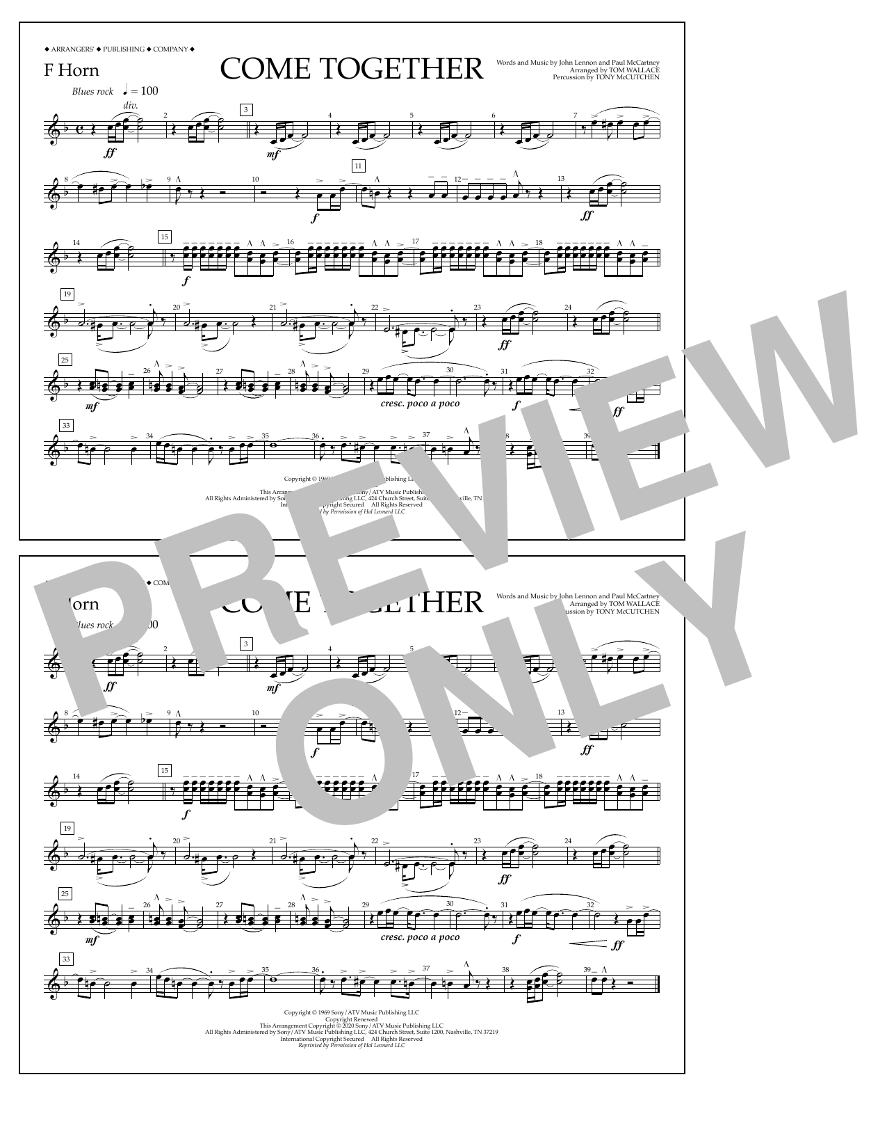 The Beatles Come Together (arr. Tom Wallace) - F Horn sheet music notes and chords arranged for Marching Band