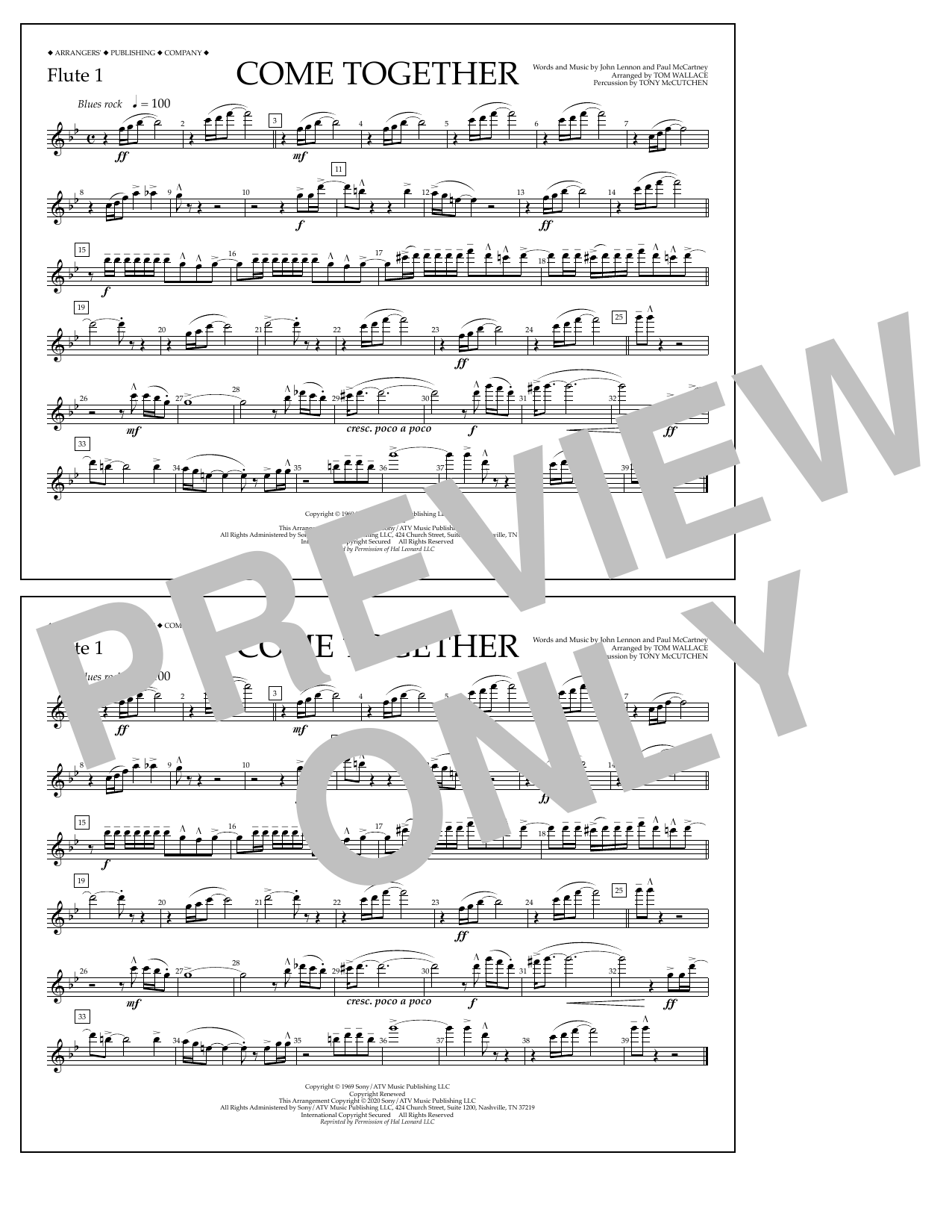 The Beatles Come Together (arr. Tom Wallace) - Flute 1 sheet music notes and chords arranged for Marching Band