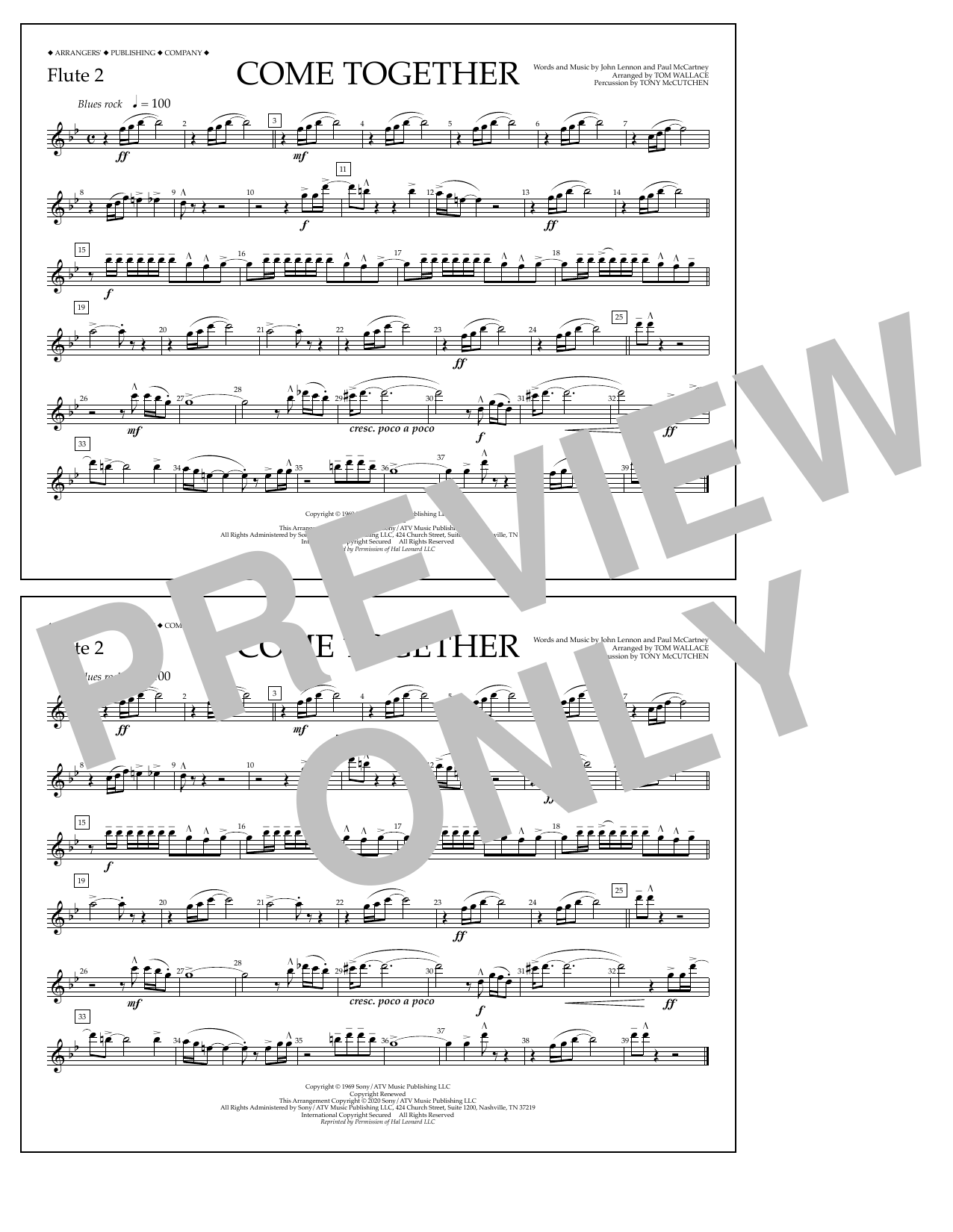 The Beatles Come Together (arr. Tom Wallace) - Flute 2 sheet music notes and chords arranged for Marching Band