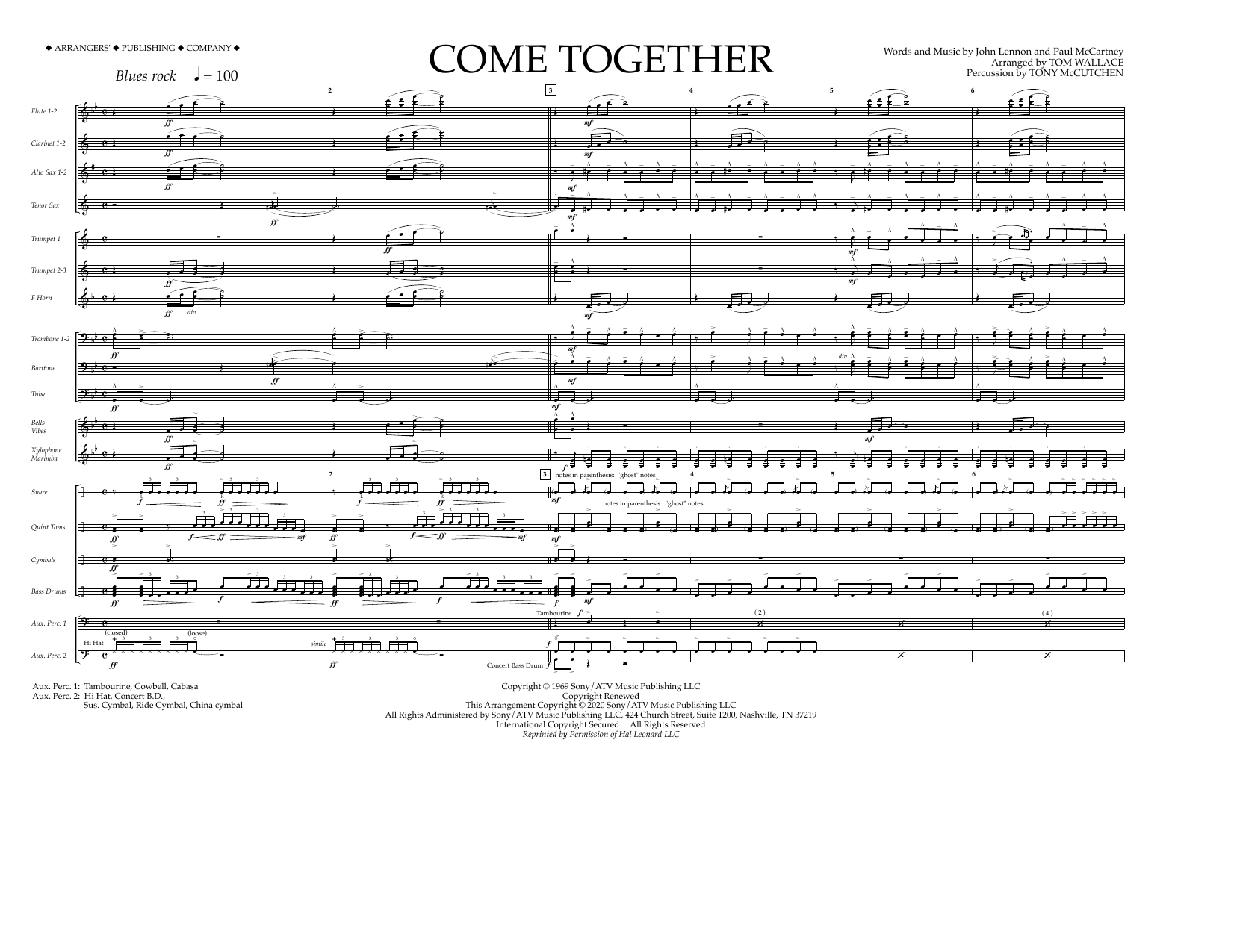 The Beatles Come Together (arr. Tom Wallace) - Full Score sheet music notes and chords arranged for Marching Band