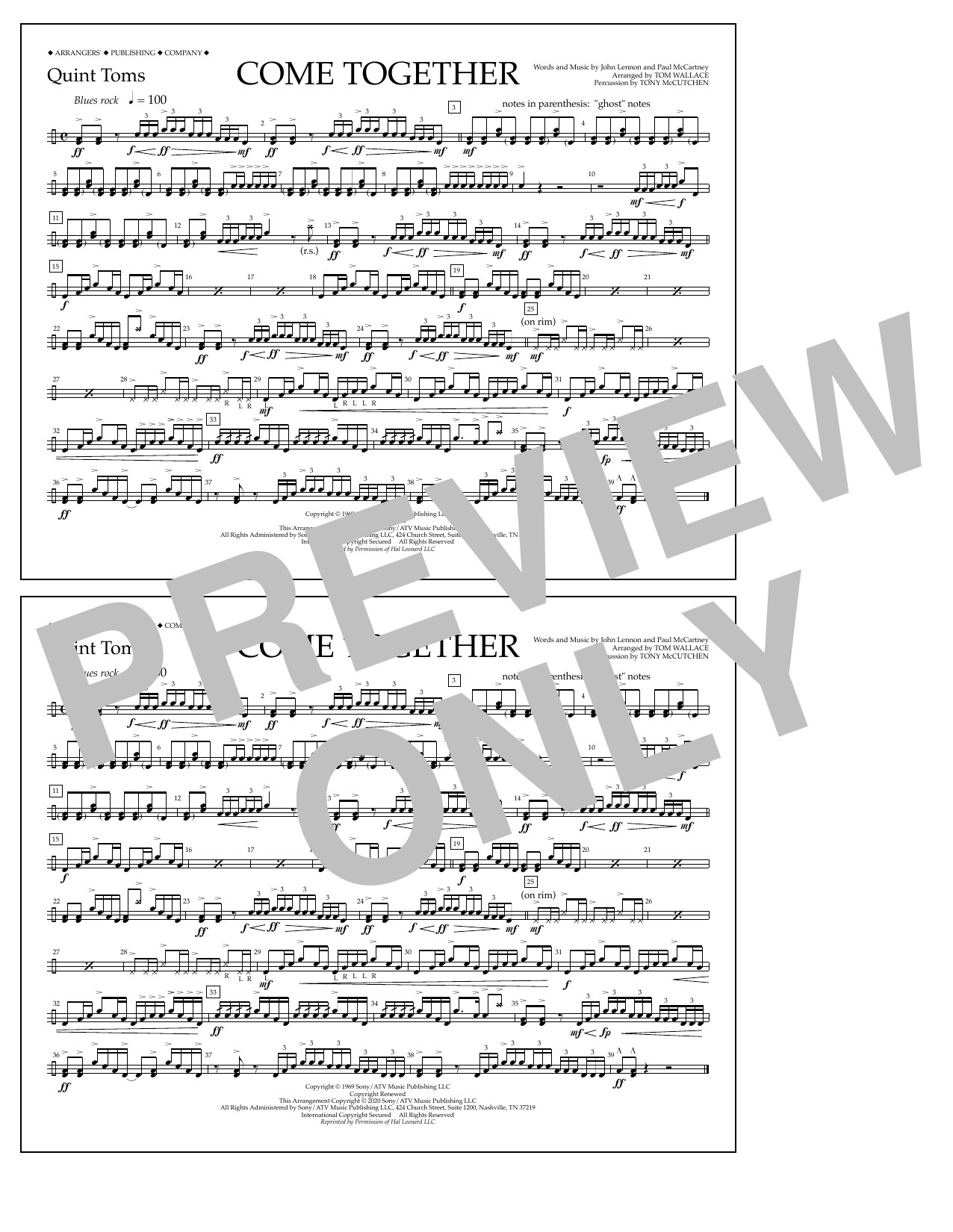 The Beatles Come Together (arr. Tom Wallace) - Quint-Toms sheet music notes and chords arranged for Marching Band