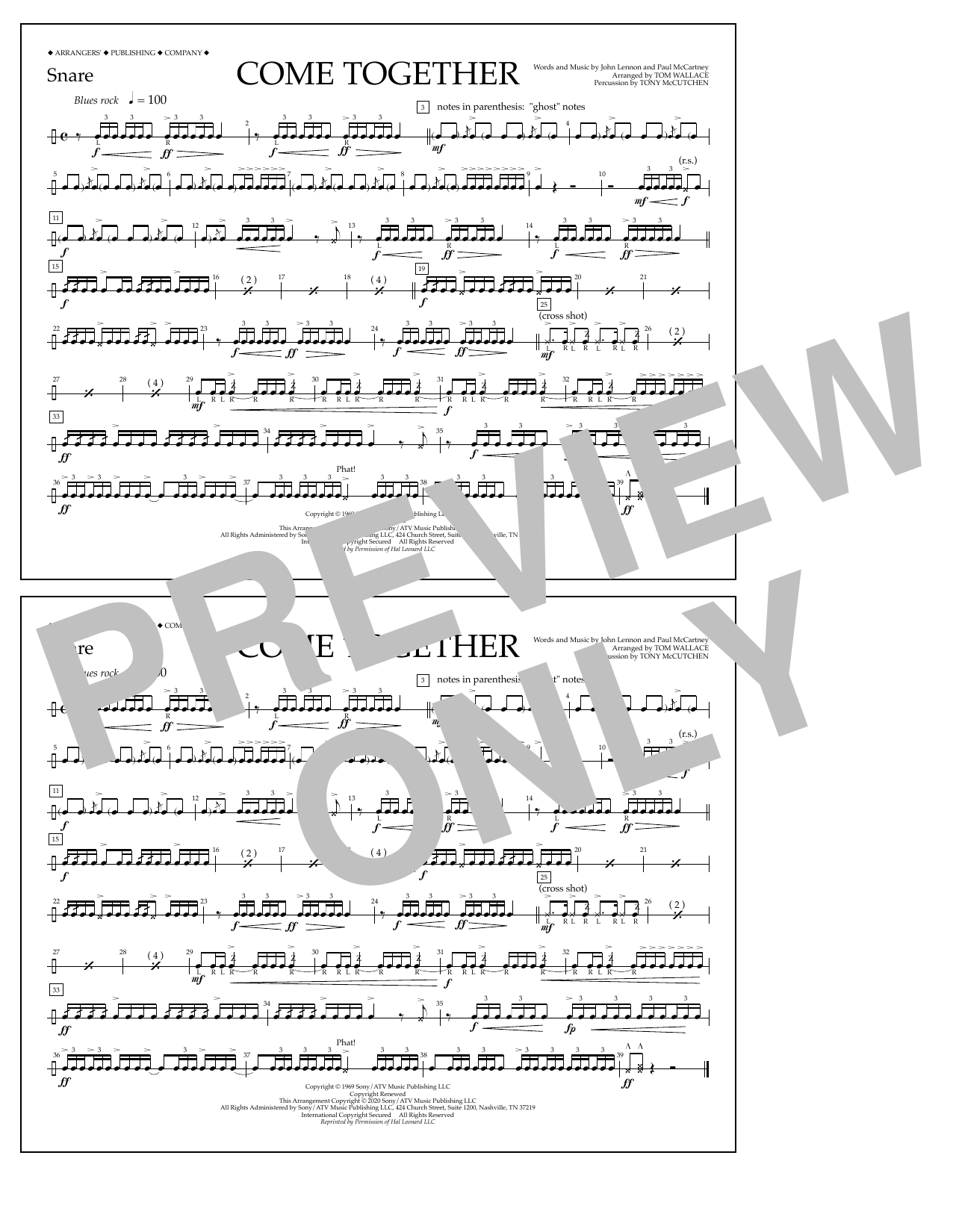 The Beatles Come Together (arr. Tom Wallace) - Snare sheet music notes and chords arranged for Marching Band