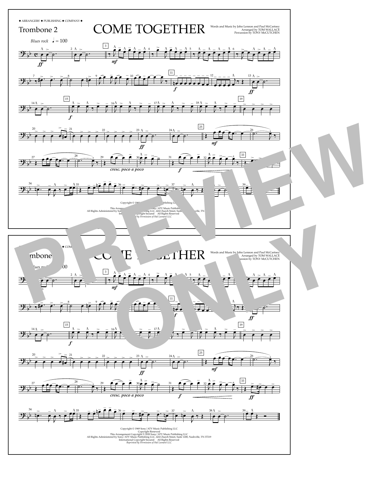 The Beatles Come Together (arr. Tom Wallace) - Trombone 2 sheet music notes and chords arranged for Marching Band