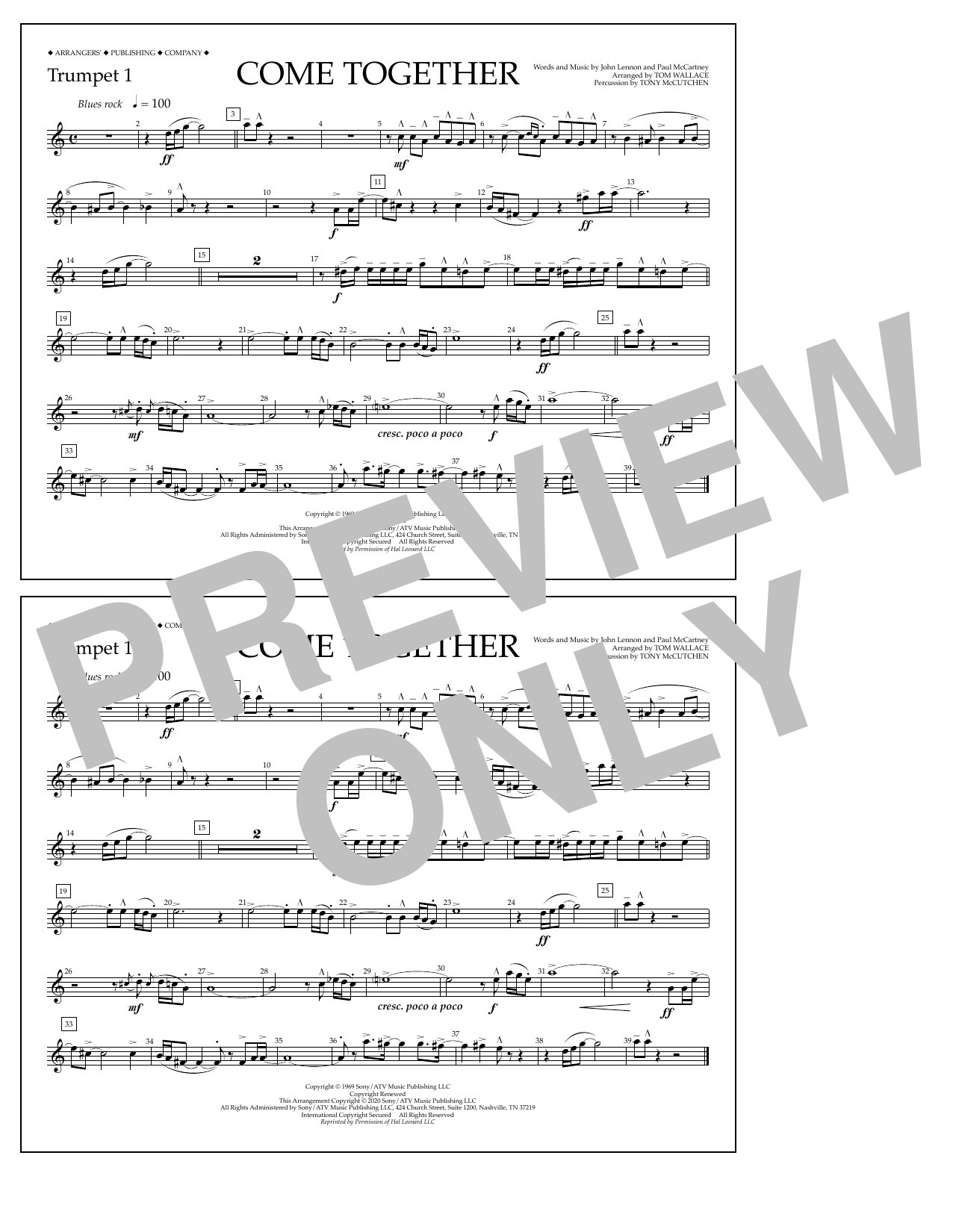 The Beatles Come Together (arr. Tom Wallace) - Trumpet 1 sheet music notes and chords arranged for Marching Band