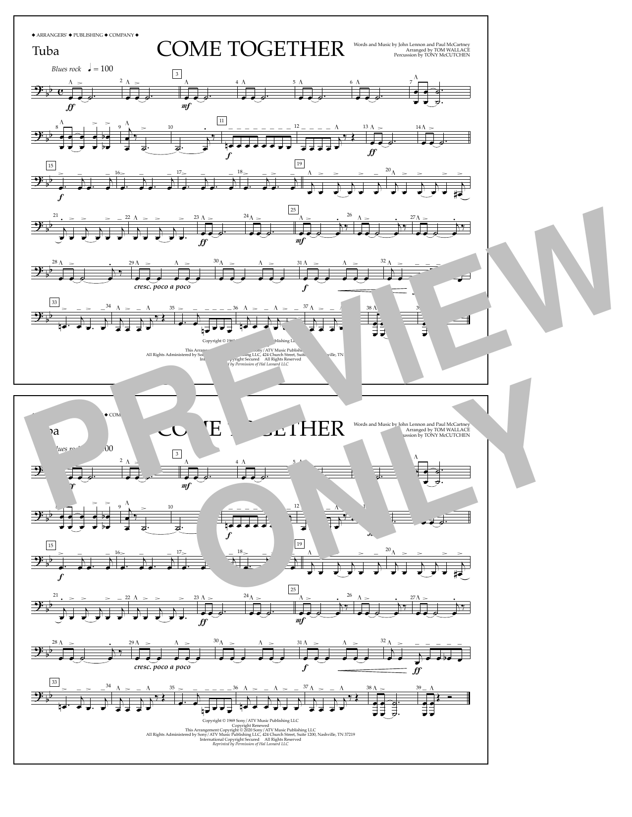 The Beatles Come Together (arr. Tom Wallace) - Tuba sheet music notes and chords arranged for Marching Band