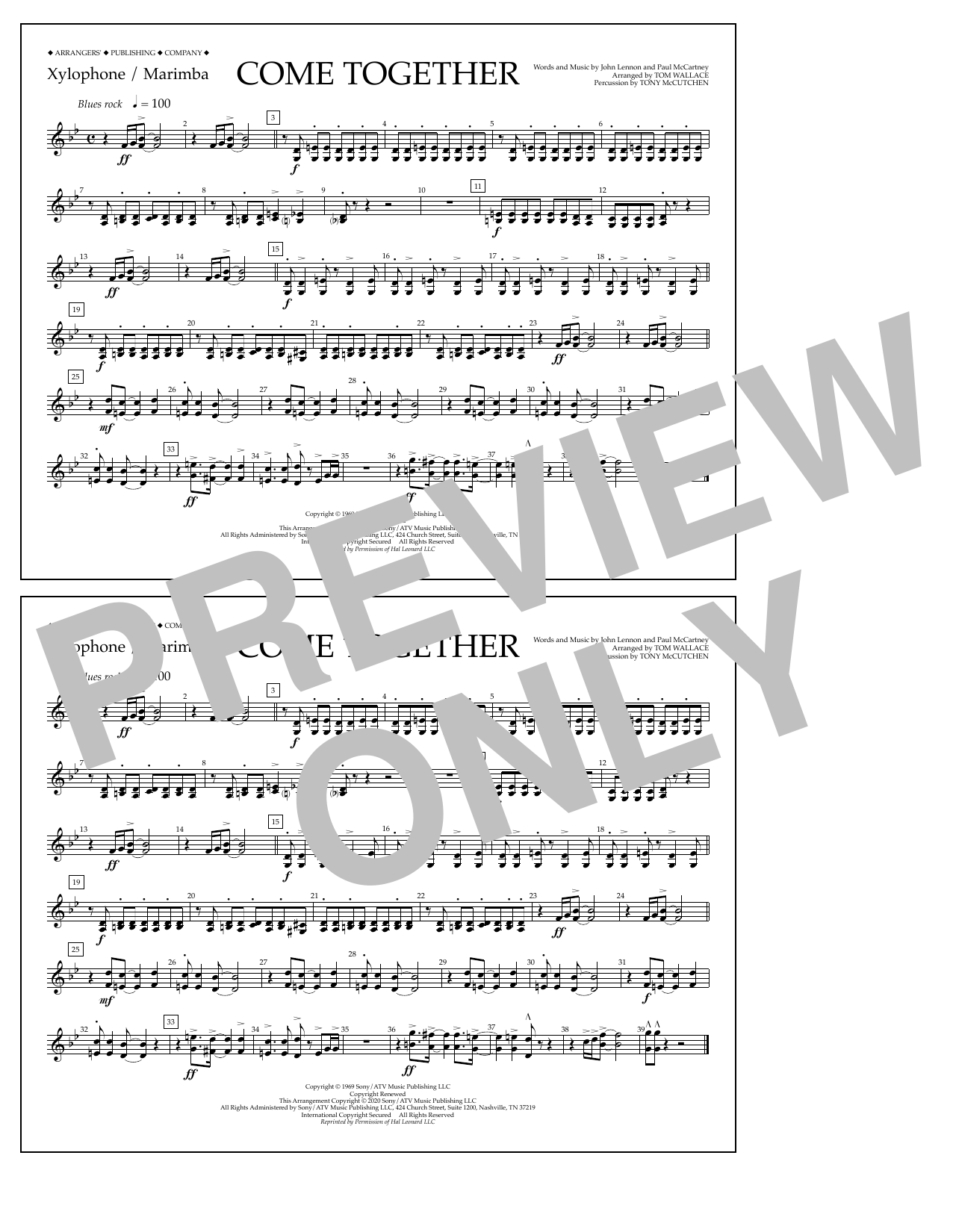 The Beatles Come Together (arr. Tom Wallace) - Xylophone/Marimba sheet music notes and chords arranged for Marching Band