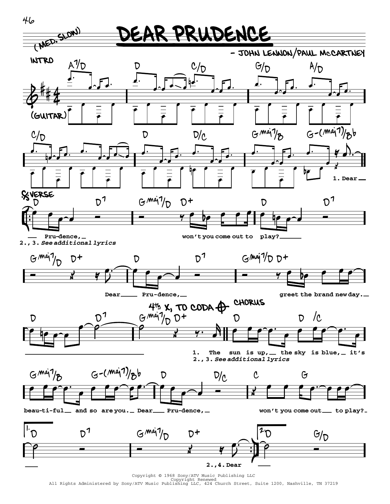 The Beatles Dear Prudence [Jazz version] sheet music notes and chords arranged for Real Book – Melody, Lyrics & Chords
