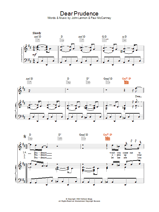 The Beatles Dear Prudence sheet music notes and chords arranged for Piano, Vocal & Guitar Chords (Right-Hand Melody)