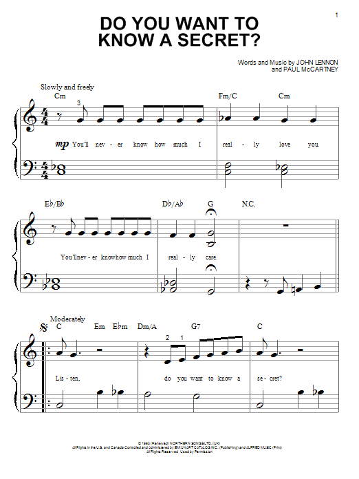 The Beatles Do You Want To Know A Secret? sheet music notes and chords arranged for Easy Piano