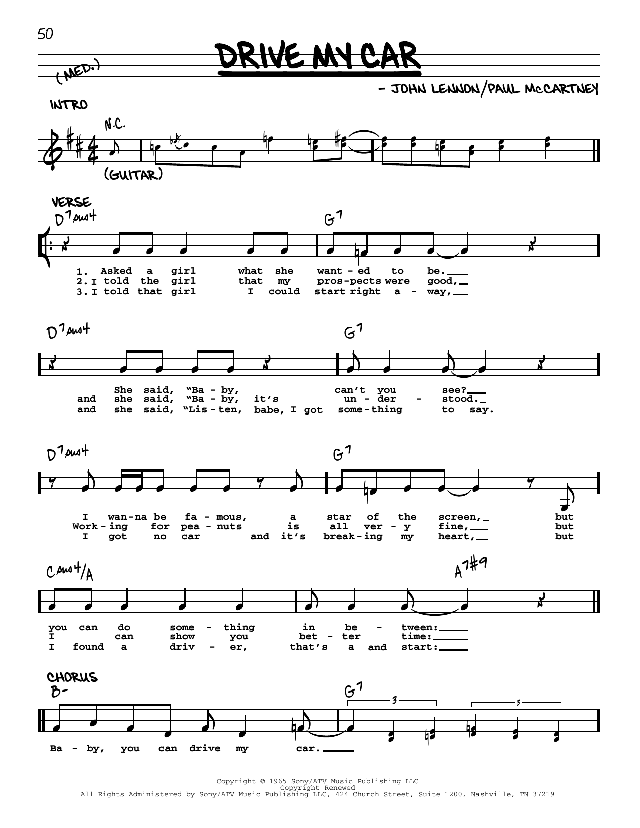 The Beatles Drive My Car [Jazz version] sheet music notes and chords arranged for Real Book – Melody, Lyrics & Chords