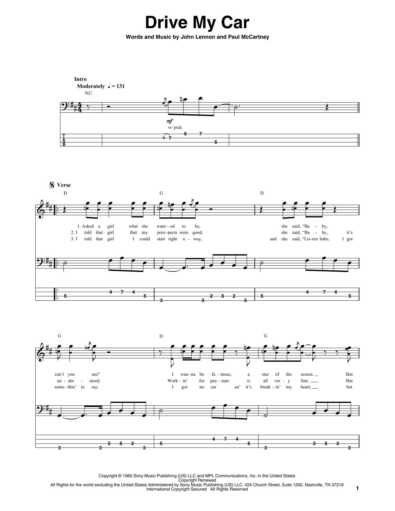 The Beatles Drive My Car sheet music notes and chords arranged for Cello Solo