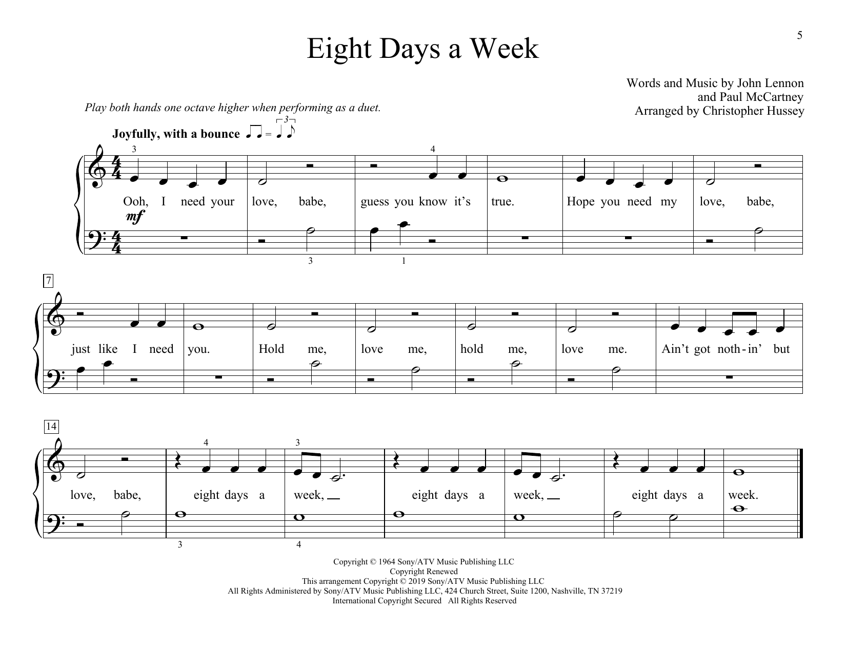 The Beatles Eight Days A Week (arr. Christopher Hussey) sheet music notes and chords arranged for Piano Duet