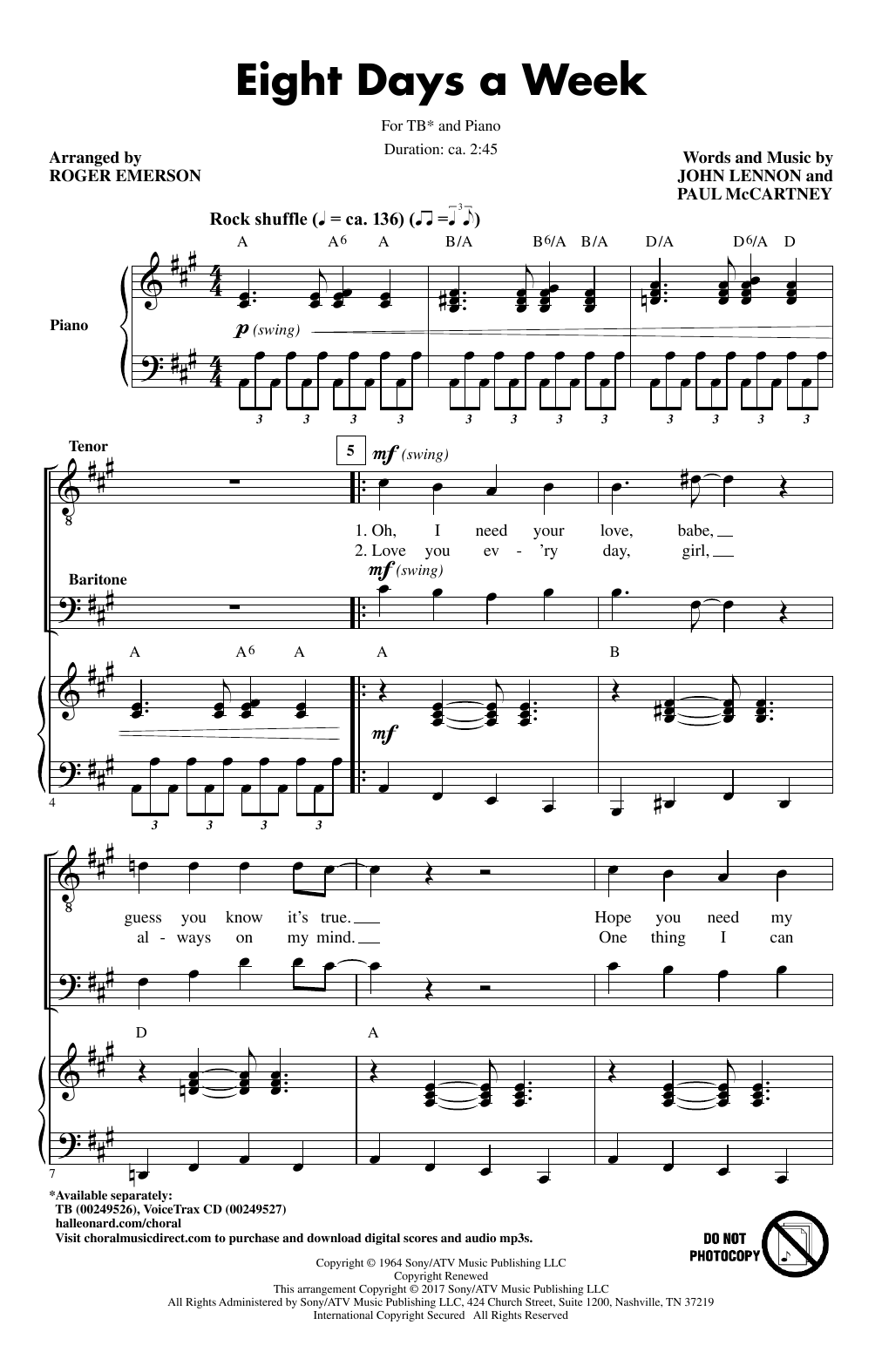 The Beatles Eight Days A Week (arr. Roger Emerson) sheet music notes and chords arranged for TB Choir