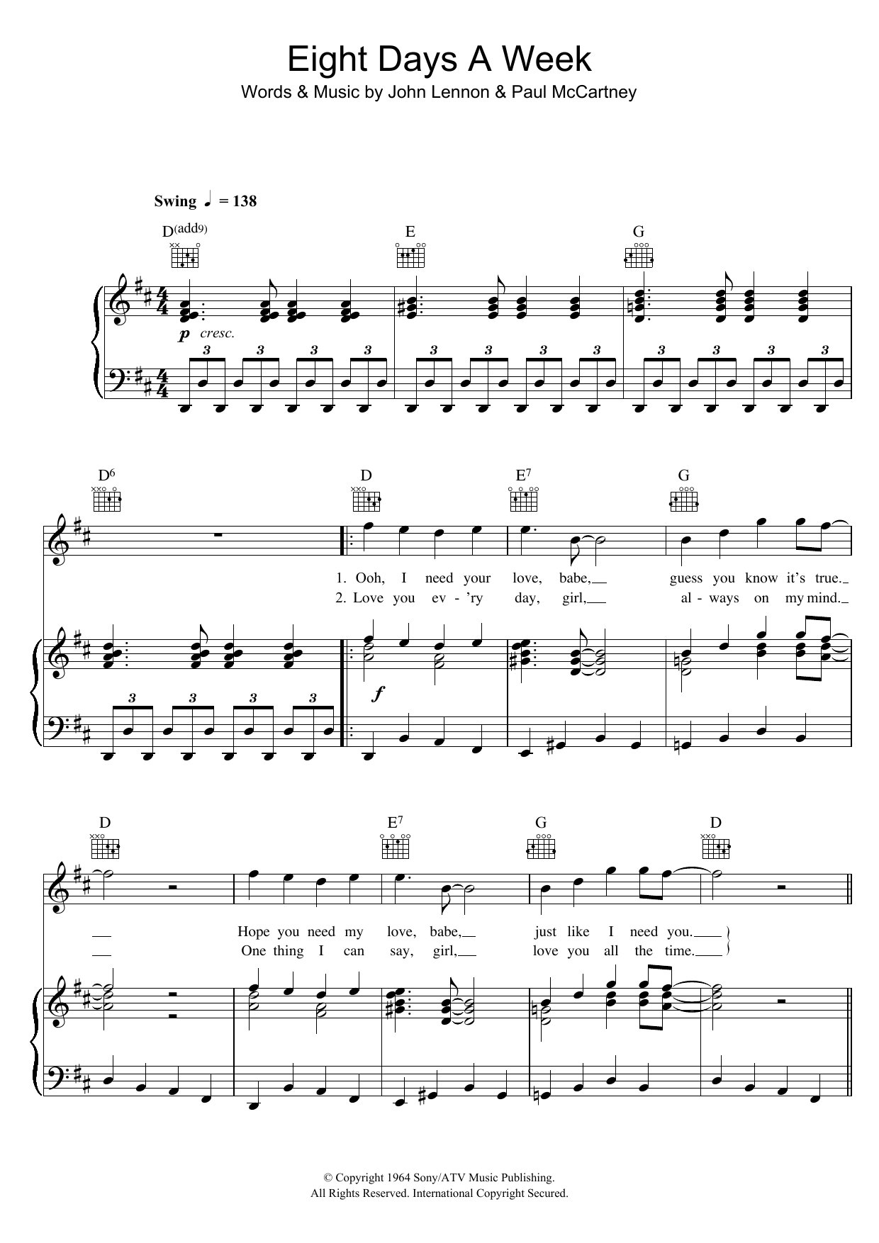 The Beatles Eight Days A Week sheet music notes and chords arranged for Piano, Vocal & Guitar Chords (Right-Hand Melody)