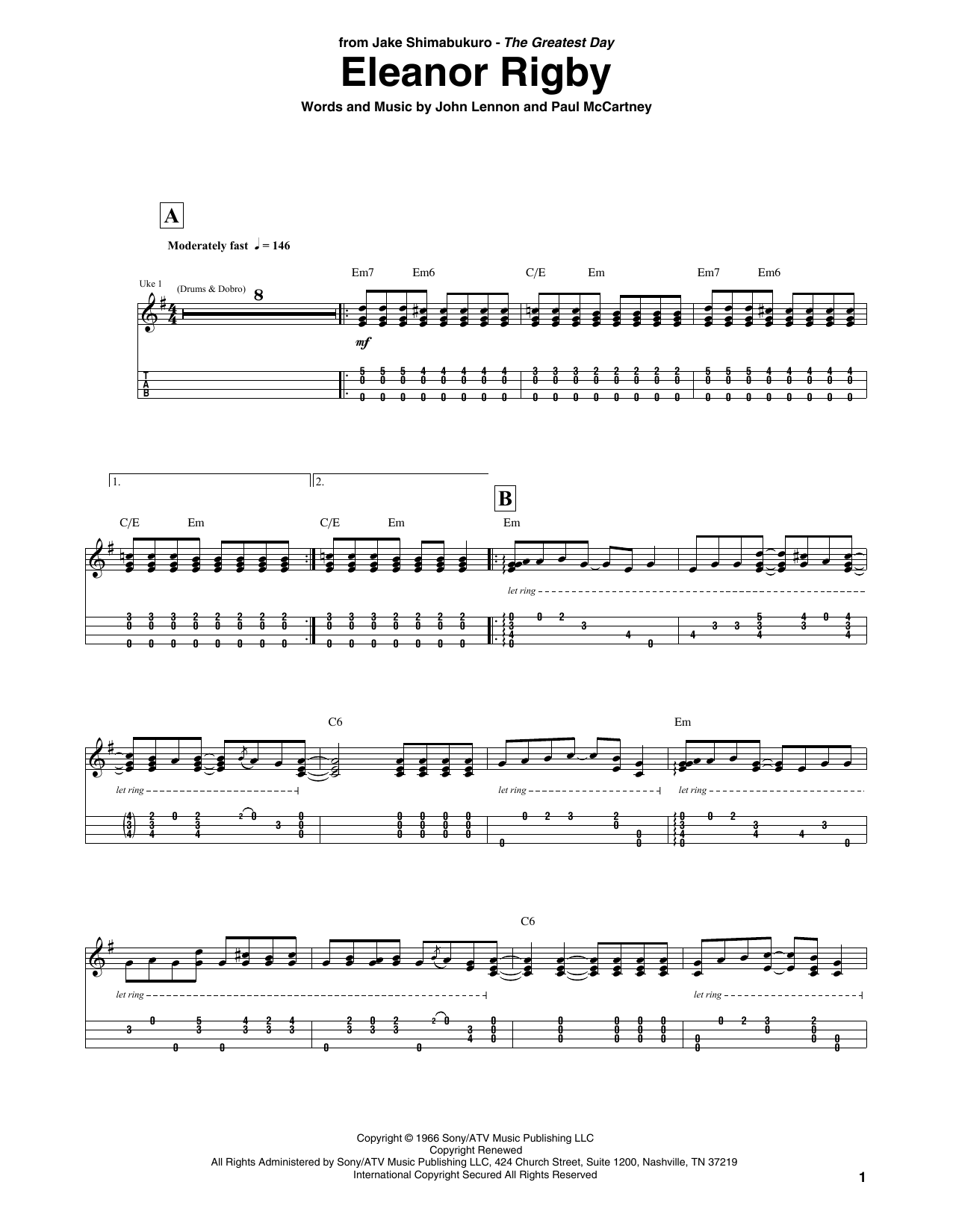 The Beatles Eleanor Rigby (arr. Jake Shimabukuro) sheet music notes and chords arranged for Ukulele Tab