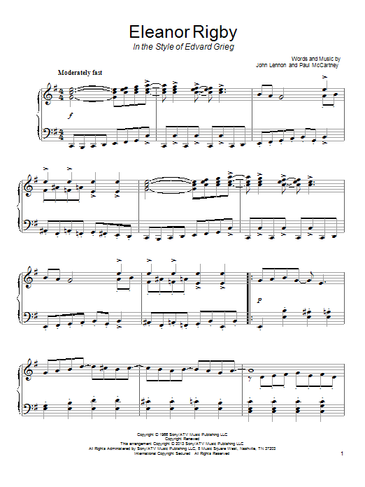 The Beatles Eleanor Rigby (in the style of Edvard Grieg) sheet music notes and chords arranged for Piano Solo