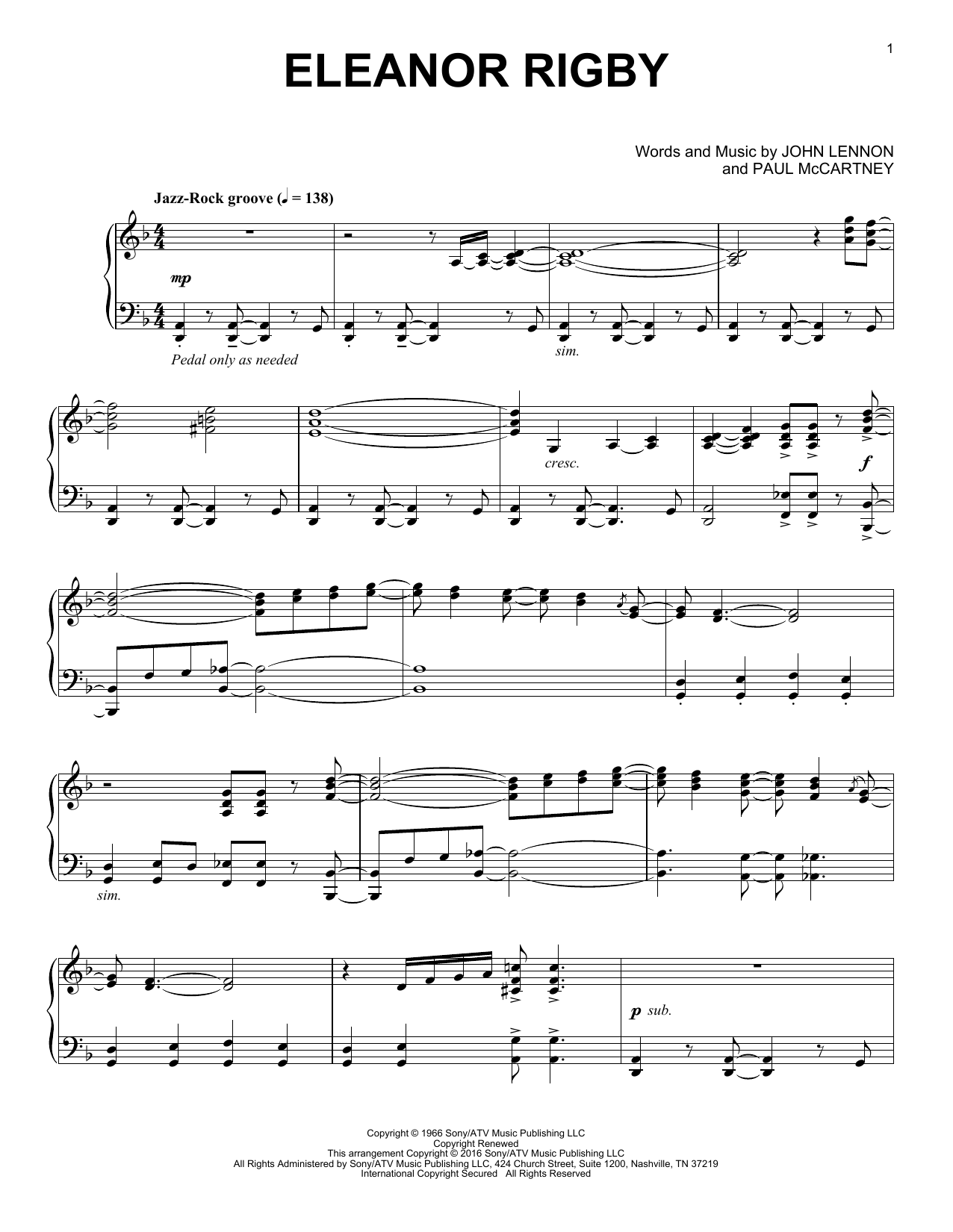The Beatles Eleanor Rigby [Jazz version] sheet music notes and chords arranged for Piano Solo