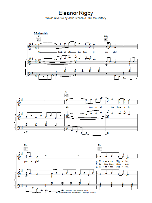 The Beatles Eleanor Rigby sheet music notes and chords arranged for Piano, Vocal & Guitar Chords