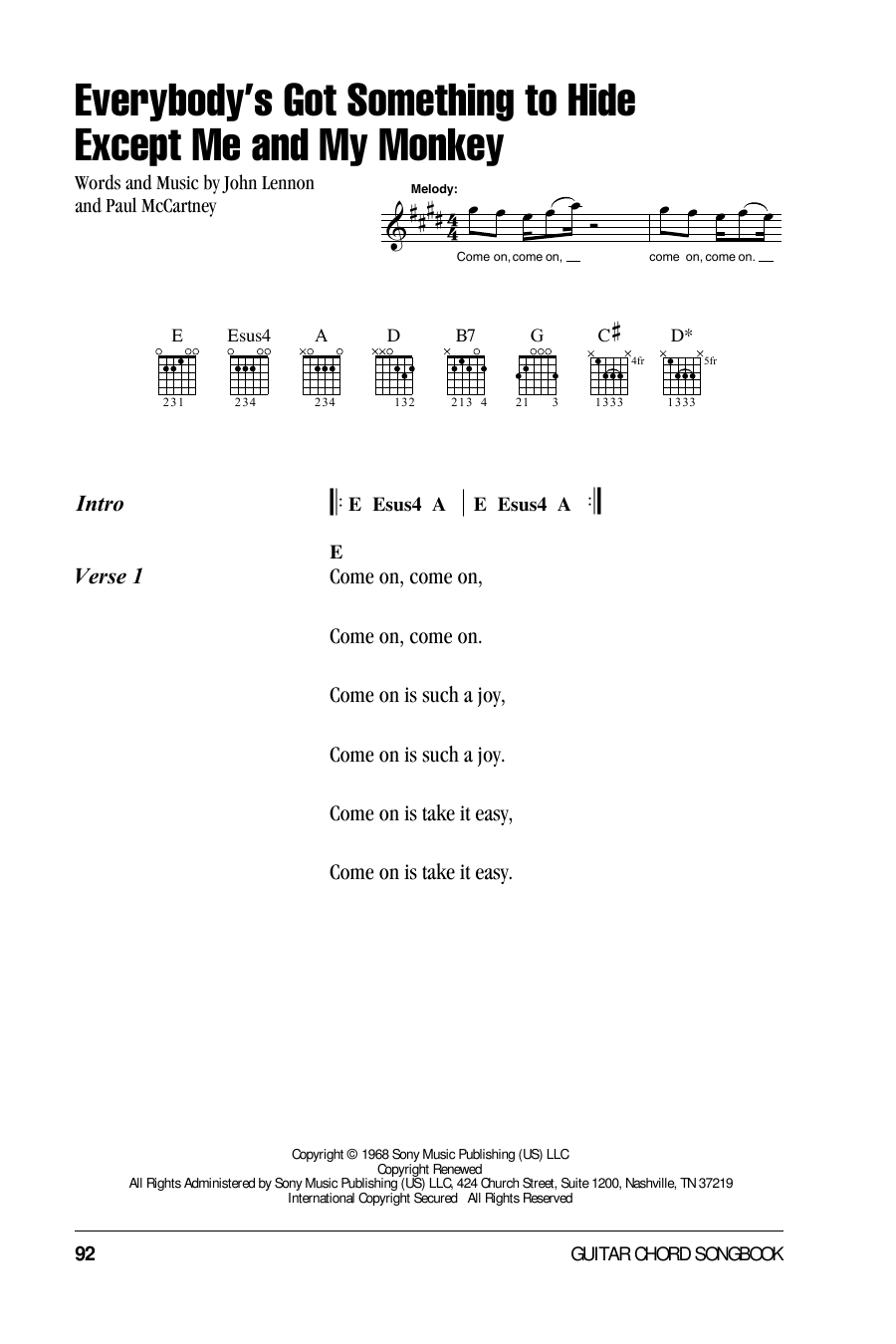 The Beatles Everybody's Got Something To Hide Except Me And My Monkey sheet music notes and chords arranged for Ukulele Chords/Lyrics