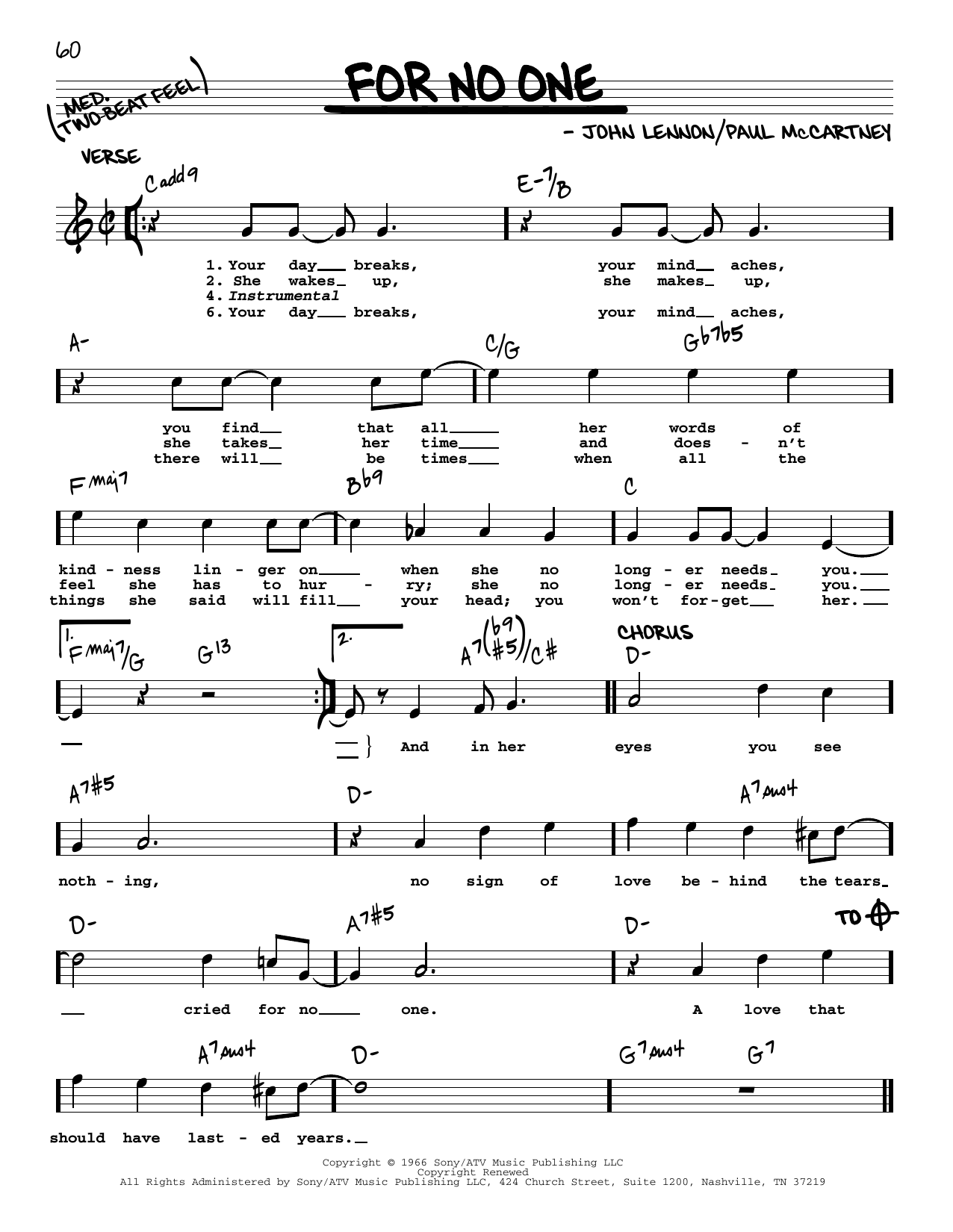 The Beatles For No One [Jazz version] sheet music notes and chords arranged for Real Book – Melody, Lyrics & Chords