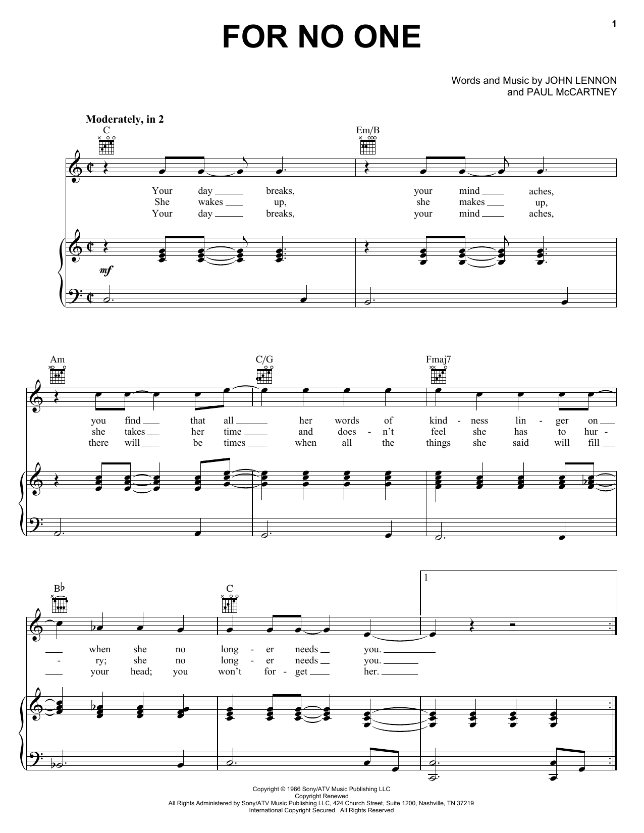 The Beatles For No One sheet music notes and chords arranged for Piano, Vocal & Guitar Chords