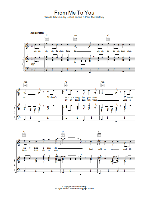 The Beatles From Me To You sheet music notes and chords arranged for Piano, Vocal & Guitar Chords