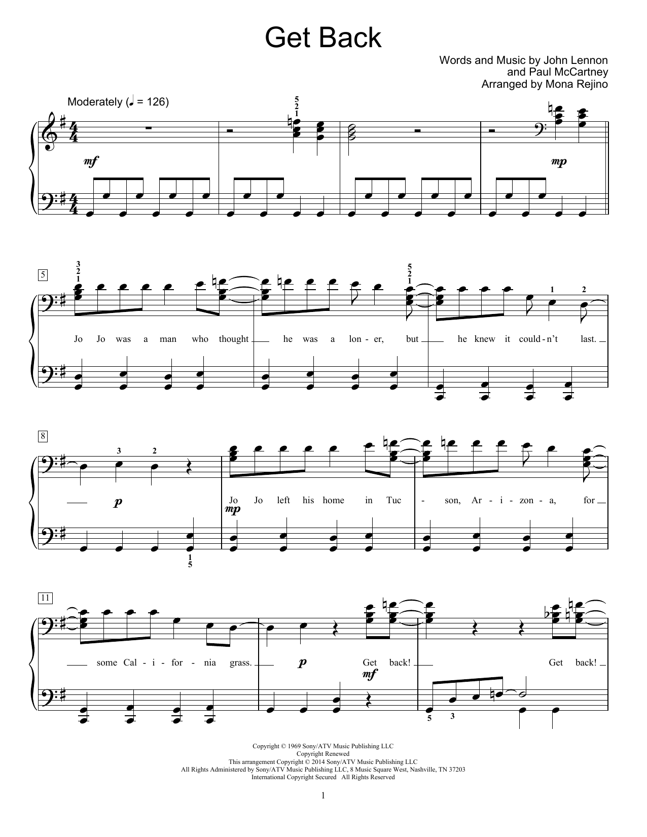 The Beatles Get Back (arr. Mona Rejino) sheet music notes and chords arranged for Educational Piano