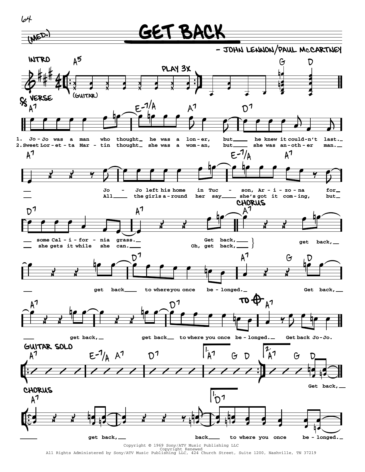 The Beatles Get Back [Jazz version] sheet music notes and chords arranged for Real Book – Melody, Lyrics & Chords