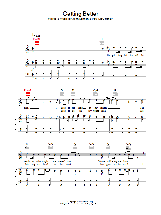 The Beatles Getting Better sheet music notes and chords arranged for Piano, Vocal & Guitar Chords (Right-Hand Melody)