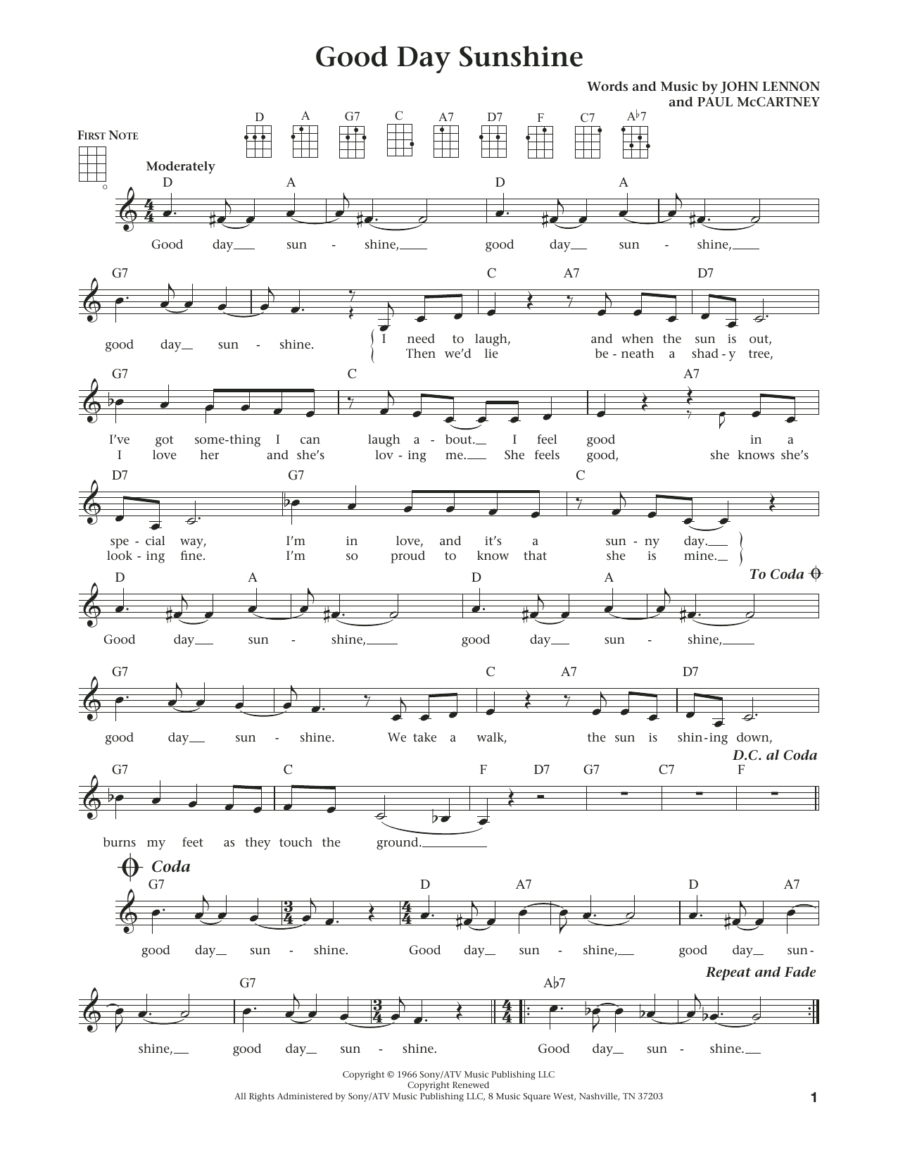 The Beatles Good Day Sunshine (from The Daily Ukulele) (arr. Liz and Jim Beloff) sheet music notes and chords arranged for Ukulele